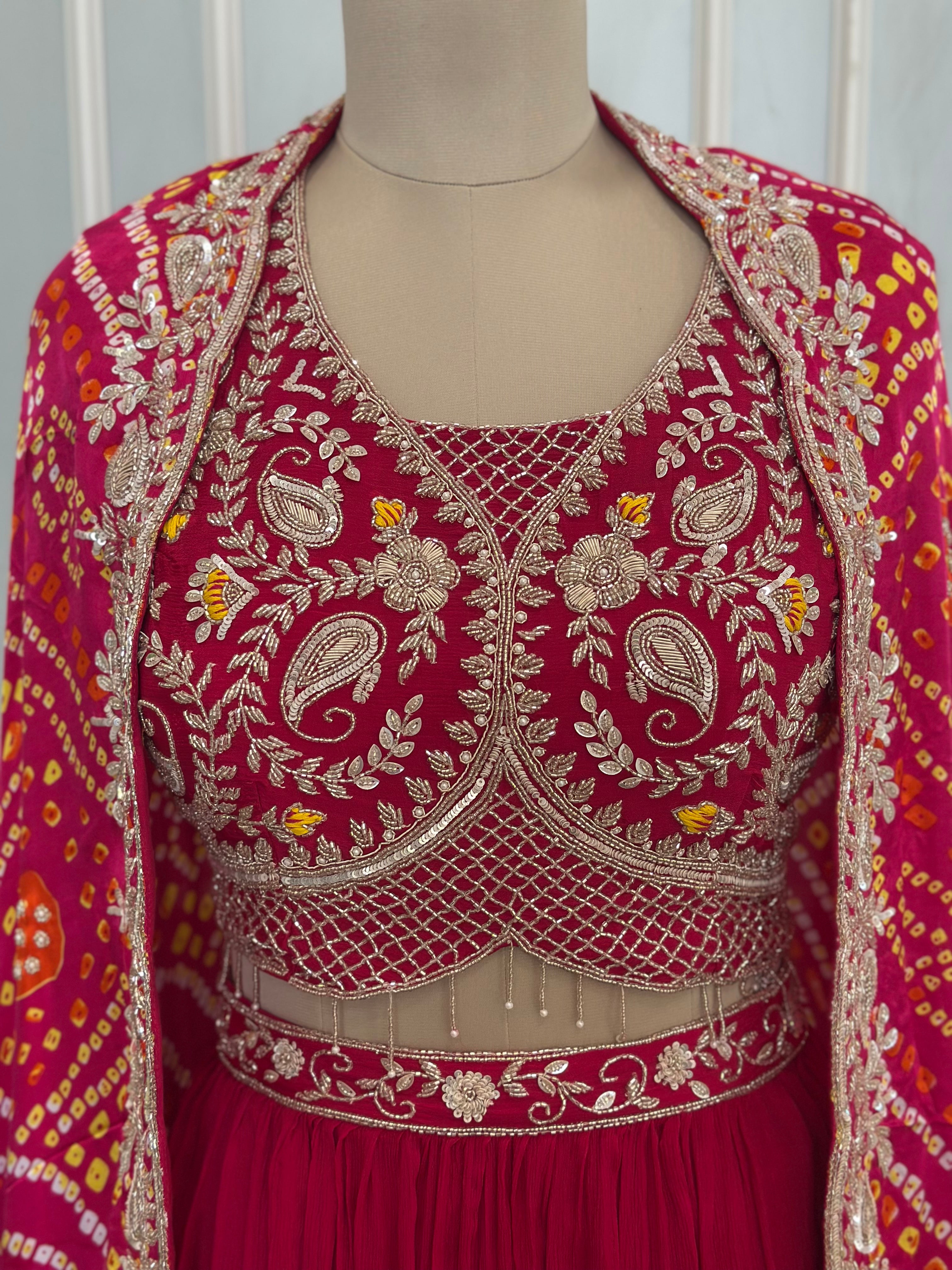 Designer Bandhani Shrug Style Skirt Set
