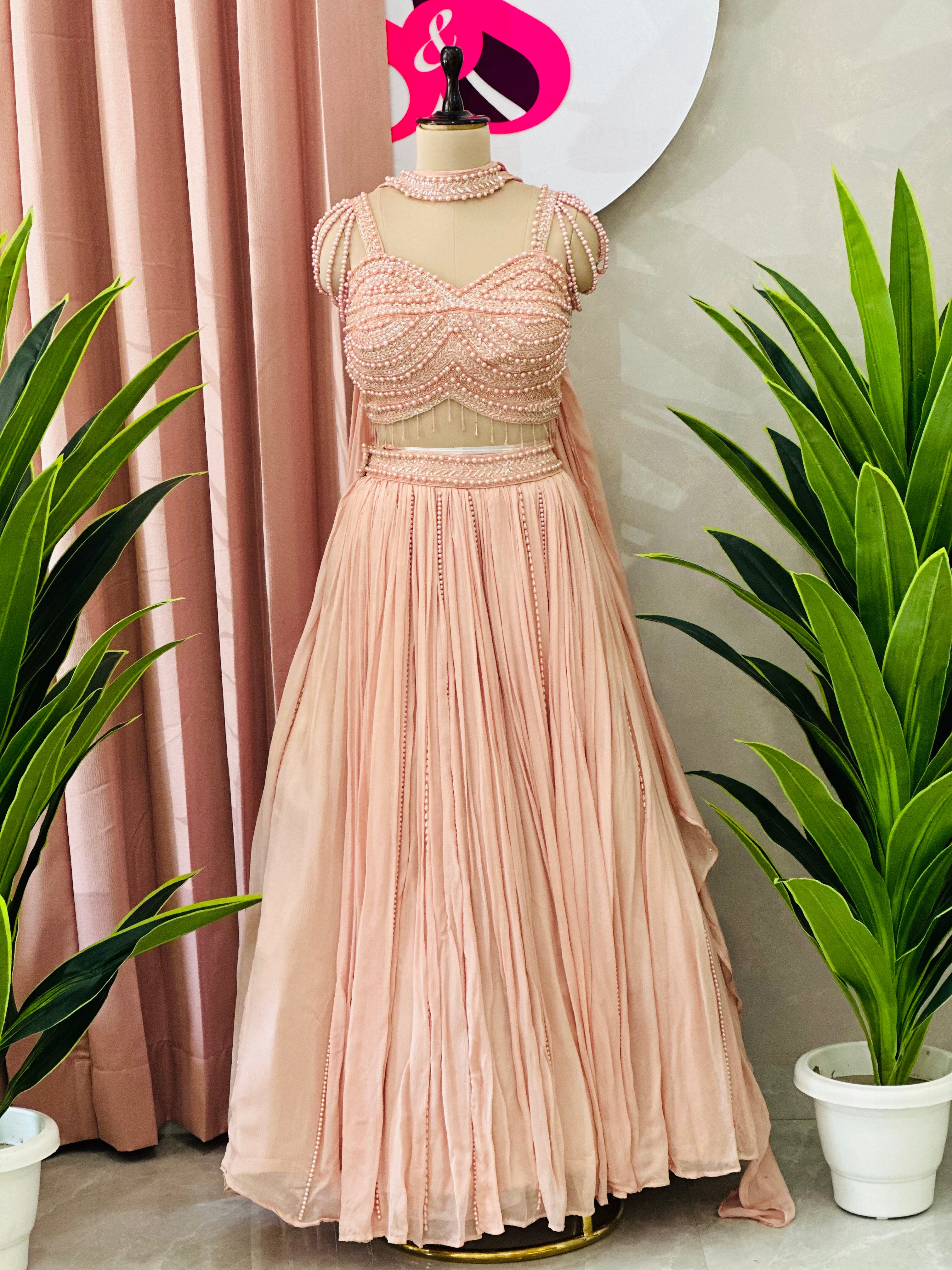Soft Peach Designer Lehenga with Pearl Handwork