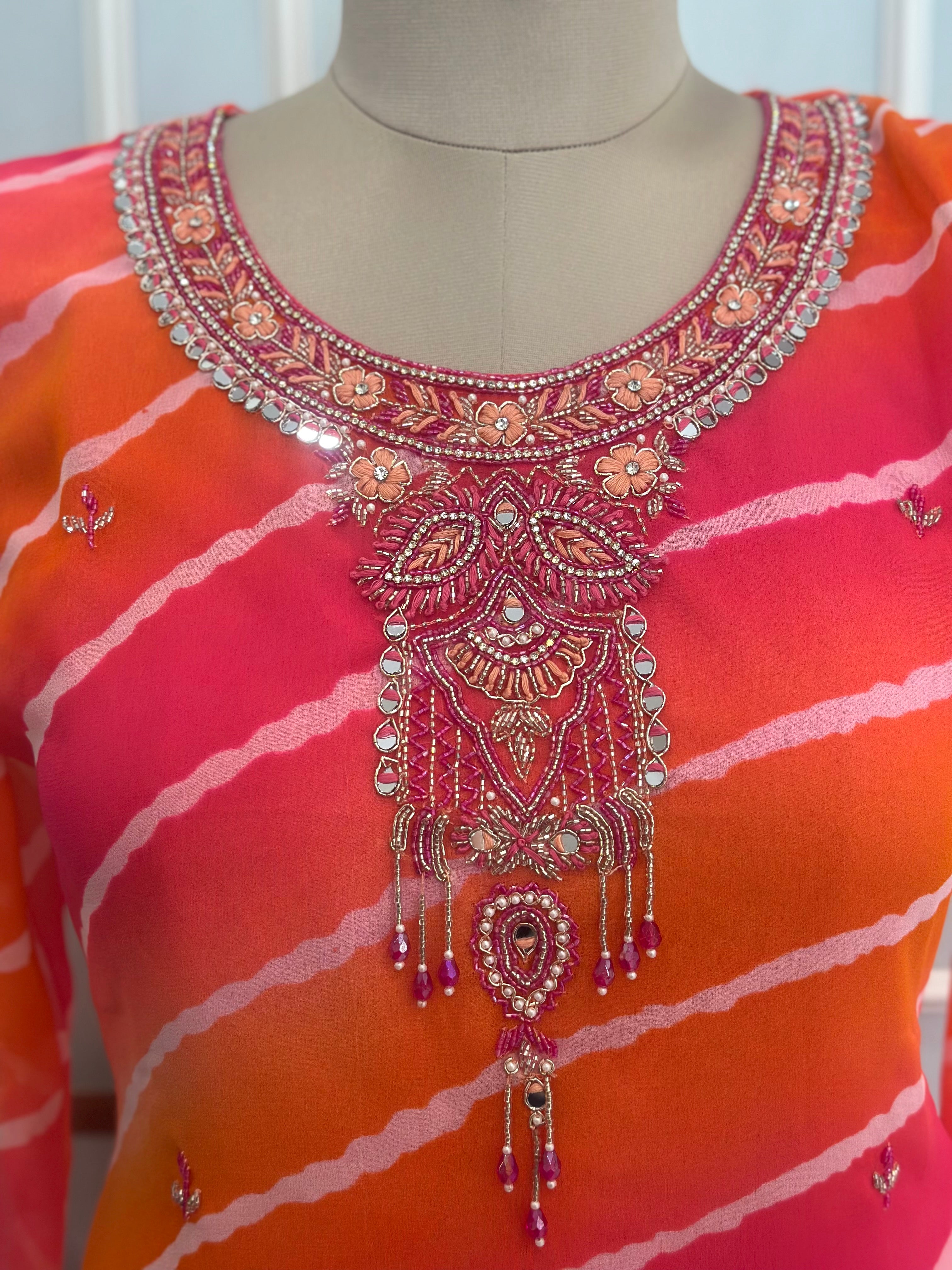 Leheriya Handwork Straight Kurta Set with Dupatta