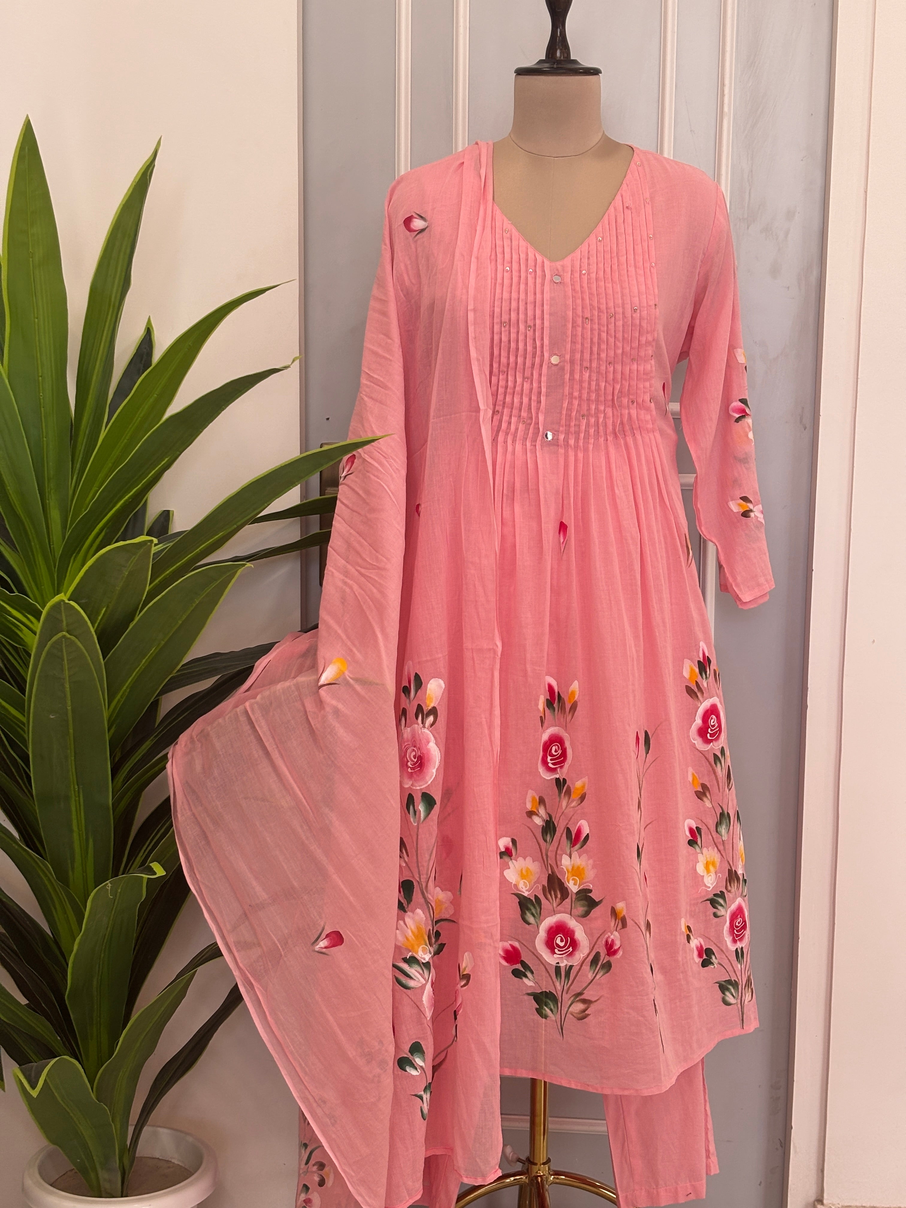 Pure mal cotton & hand-painted florals suit
