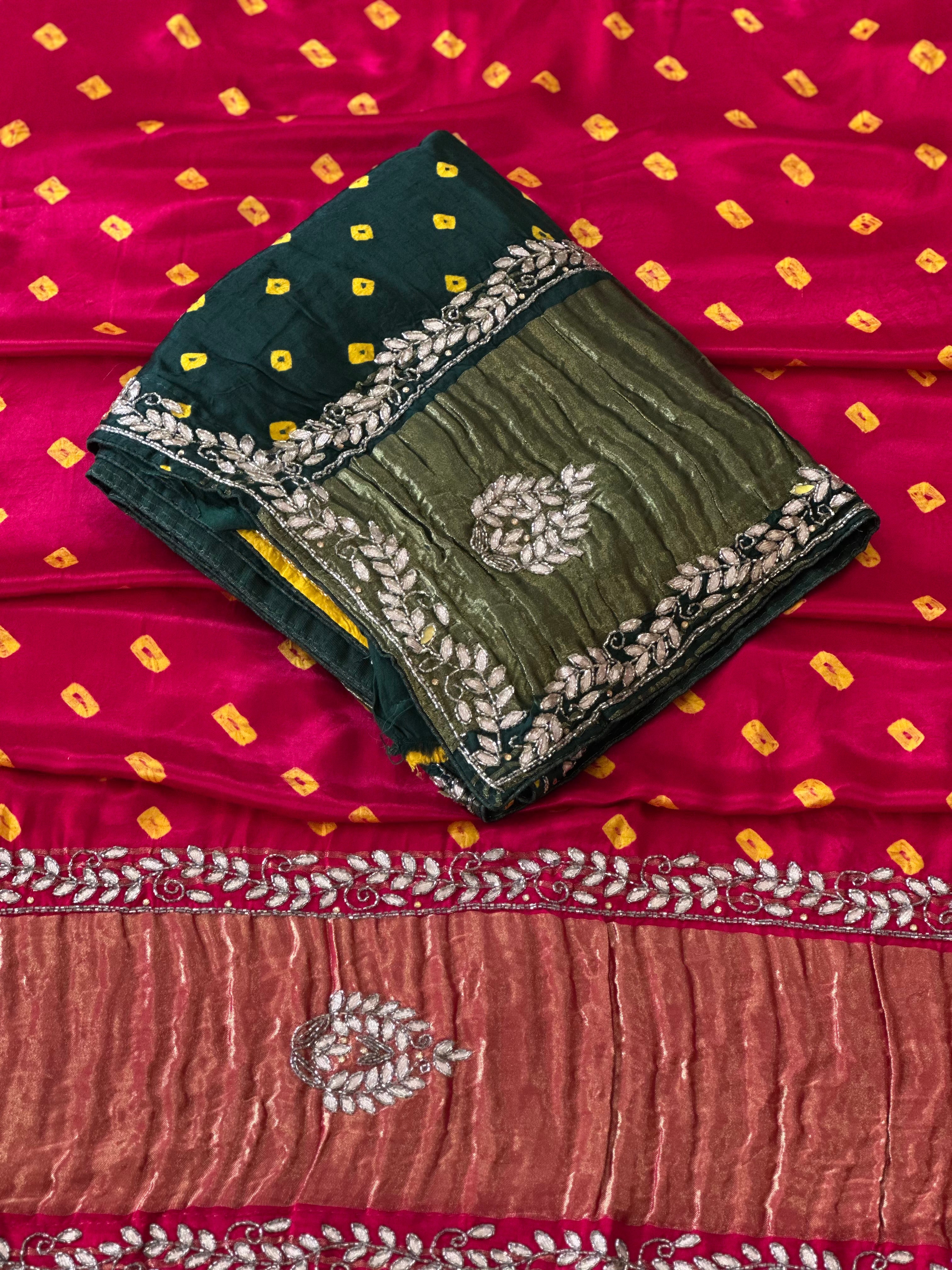 🌸 Shahi Bandhej Saree with Handcrafted Gota Patti Detailing🌸