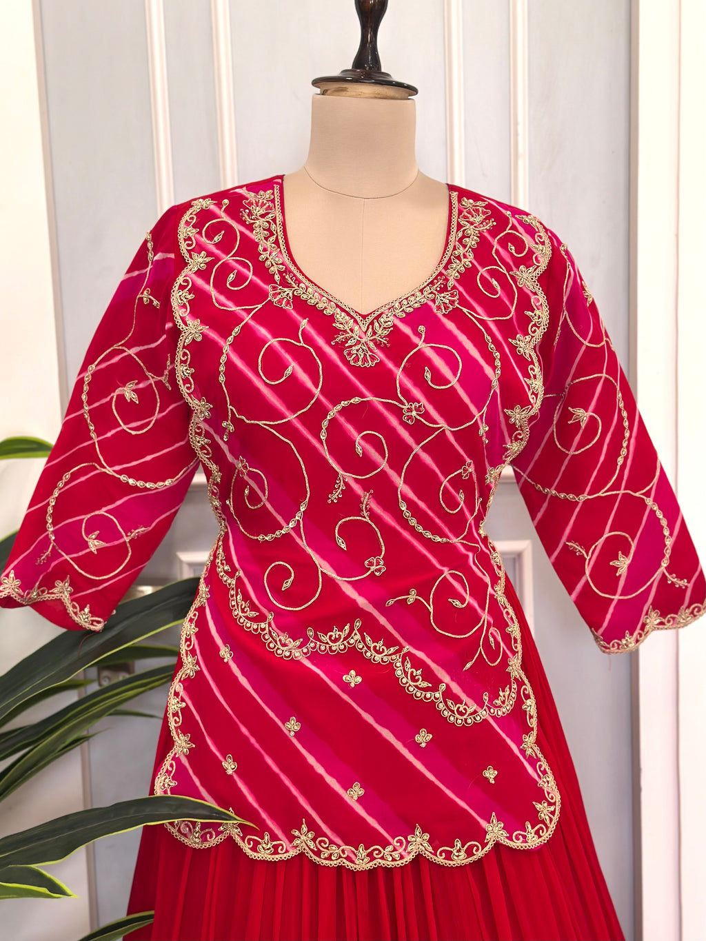 Traditional Rani Pink Handwork Gown with Dupatta