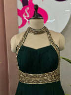 Premium Flowy Halter Neck Gown With Embellished Waist Detail