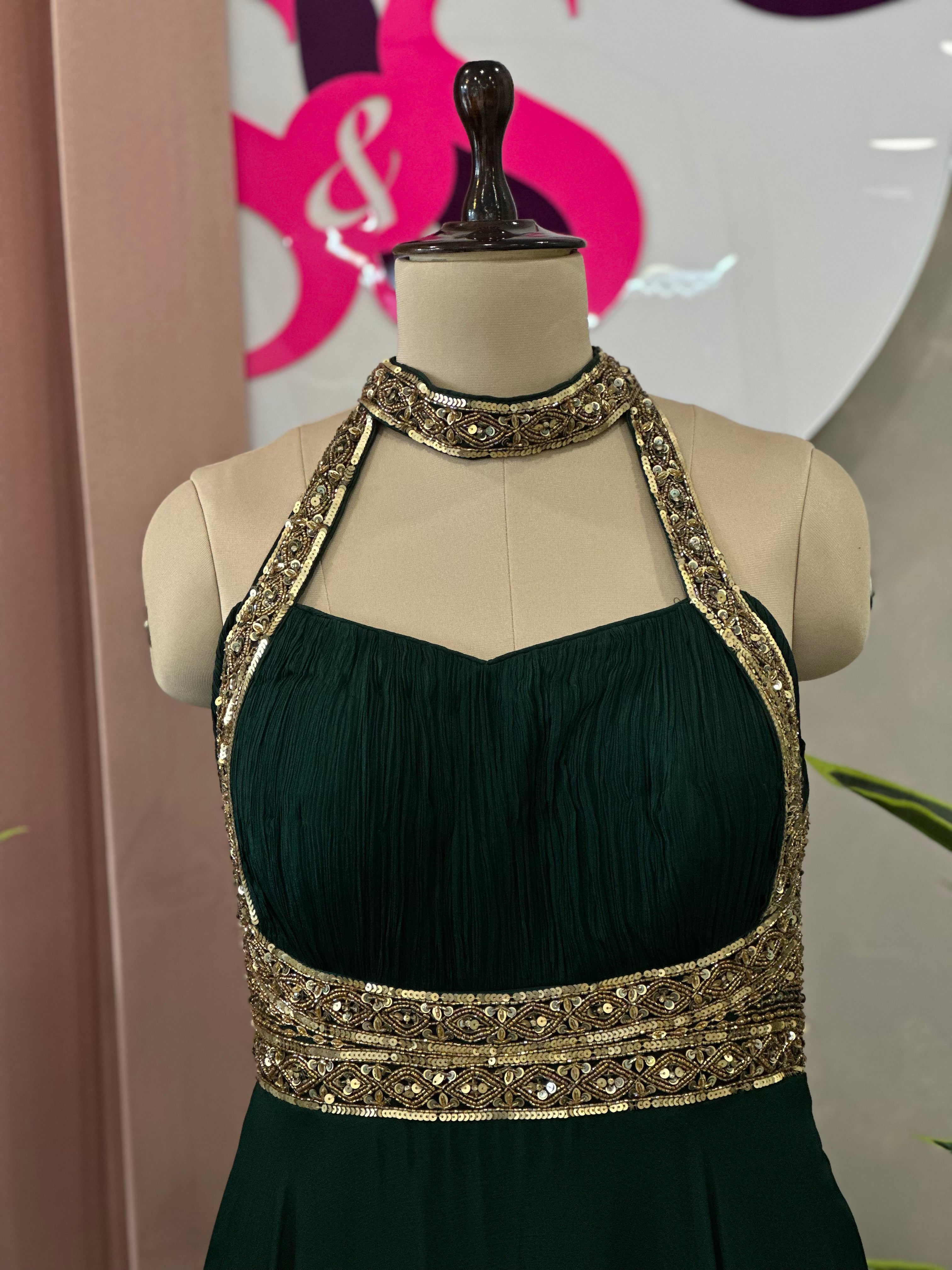 Premium Flowy Halter Neck Gown With Embellished Waist Detail