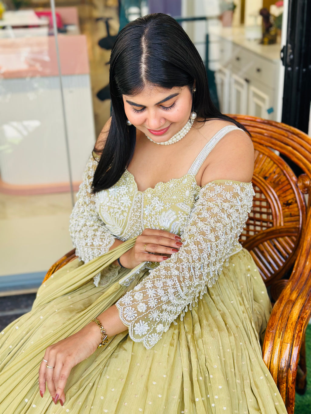 Elegant Off-Shoulder Handwork Lehenga Set