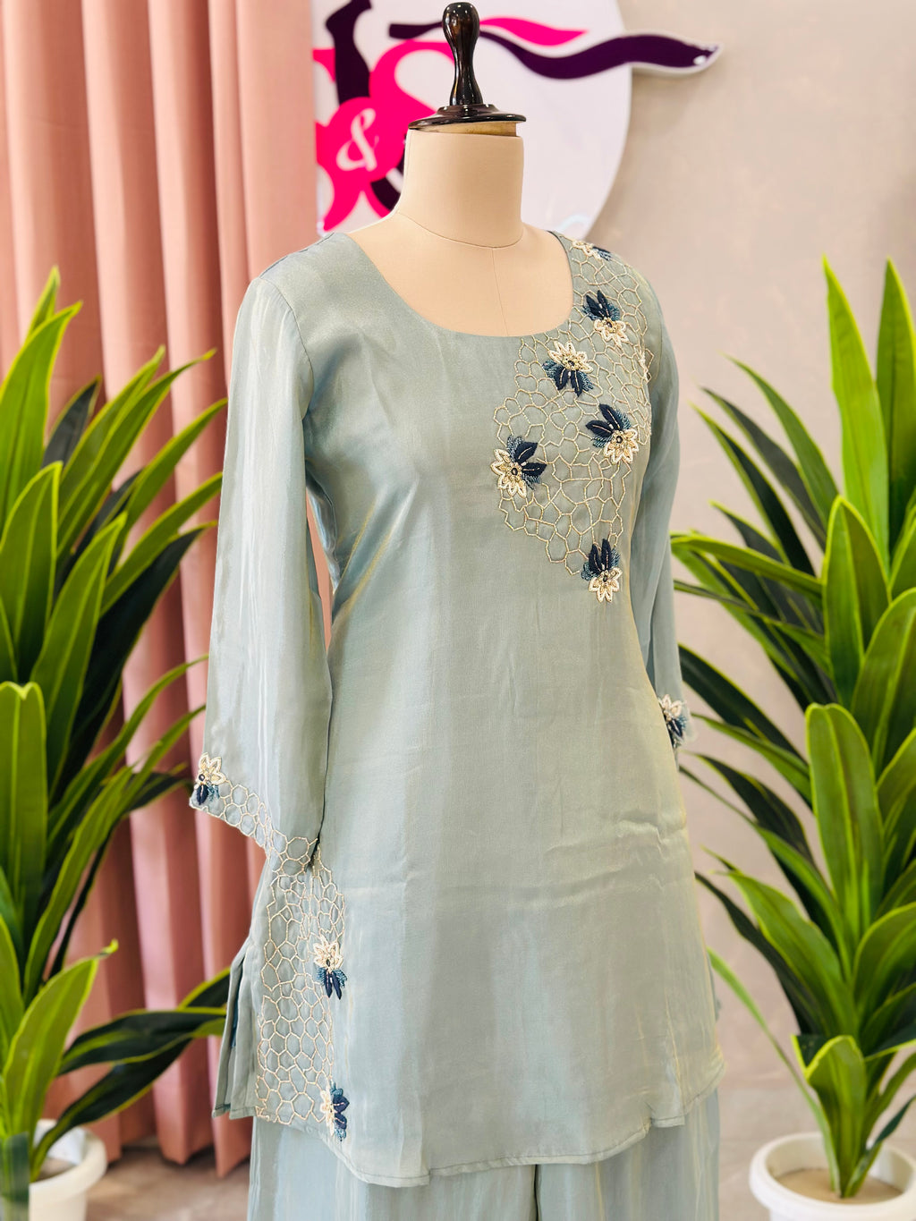 Elegant Floral Handwork Kurta Palazzo Co-ord Set