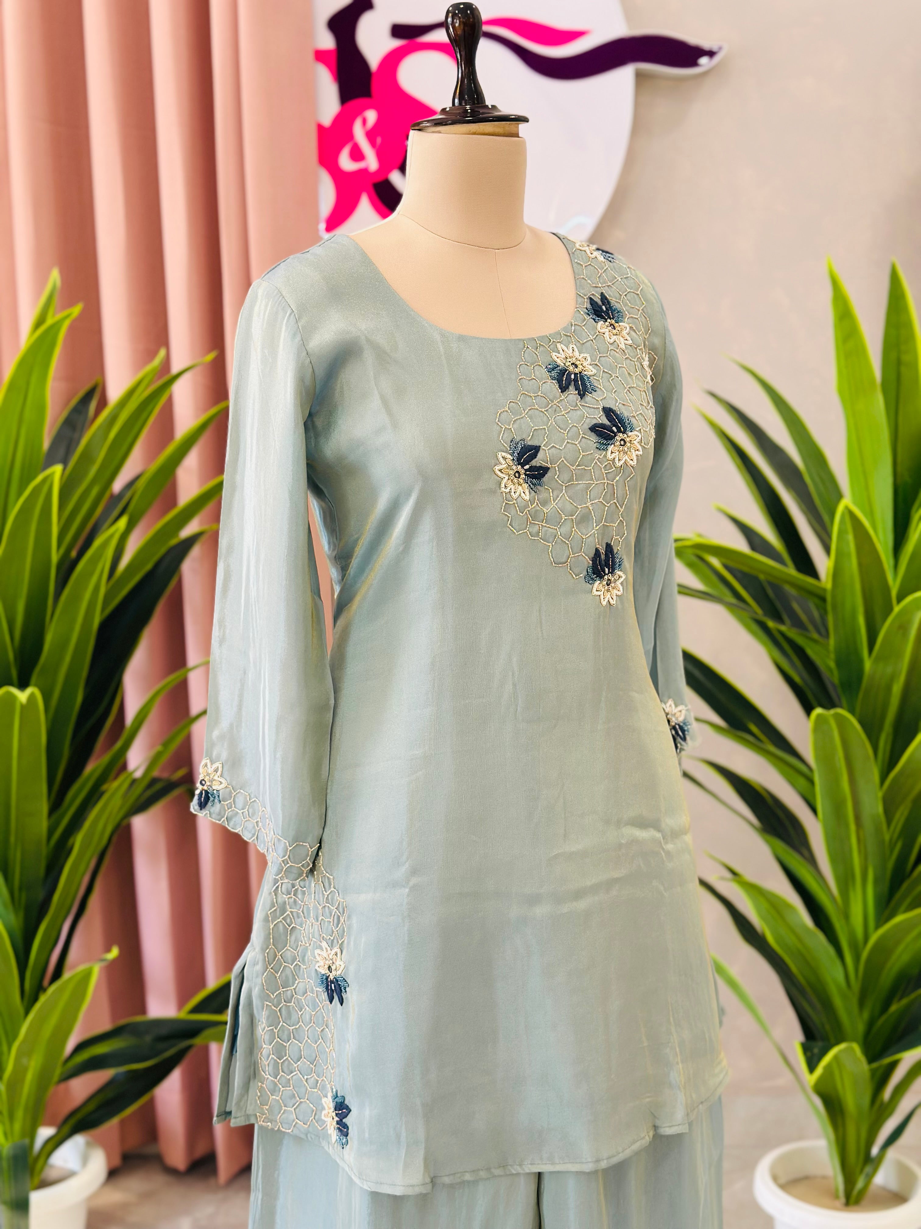 Elegant Floral Handwork Kurta Palazzo Co-ord Set