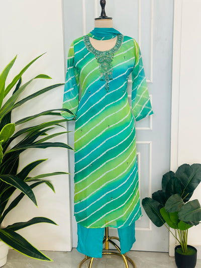 Leheriya Handwork Straight Kurta Set with Dupatta