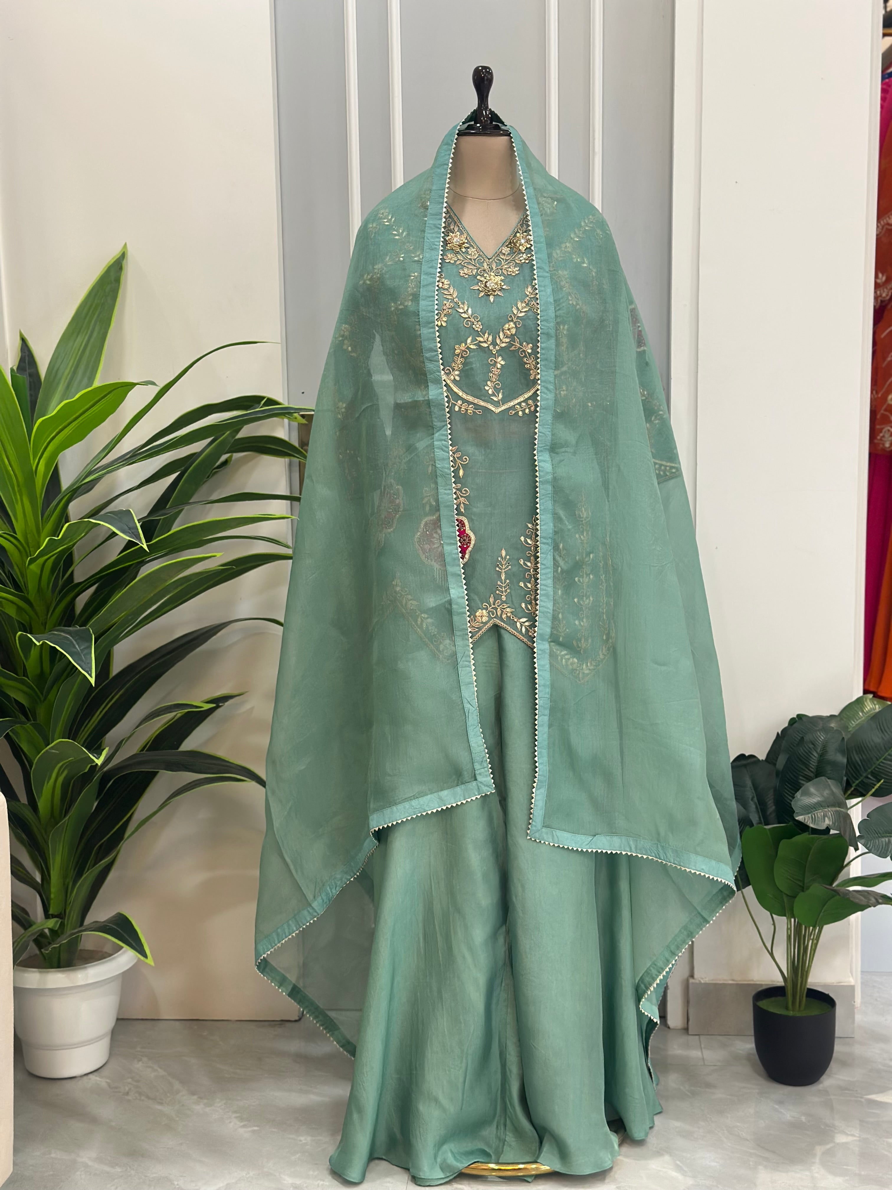 Elegant Handwork Kurta Palazzo Indo-western Set With Dupatta