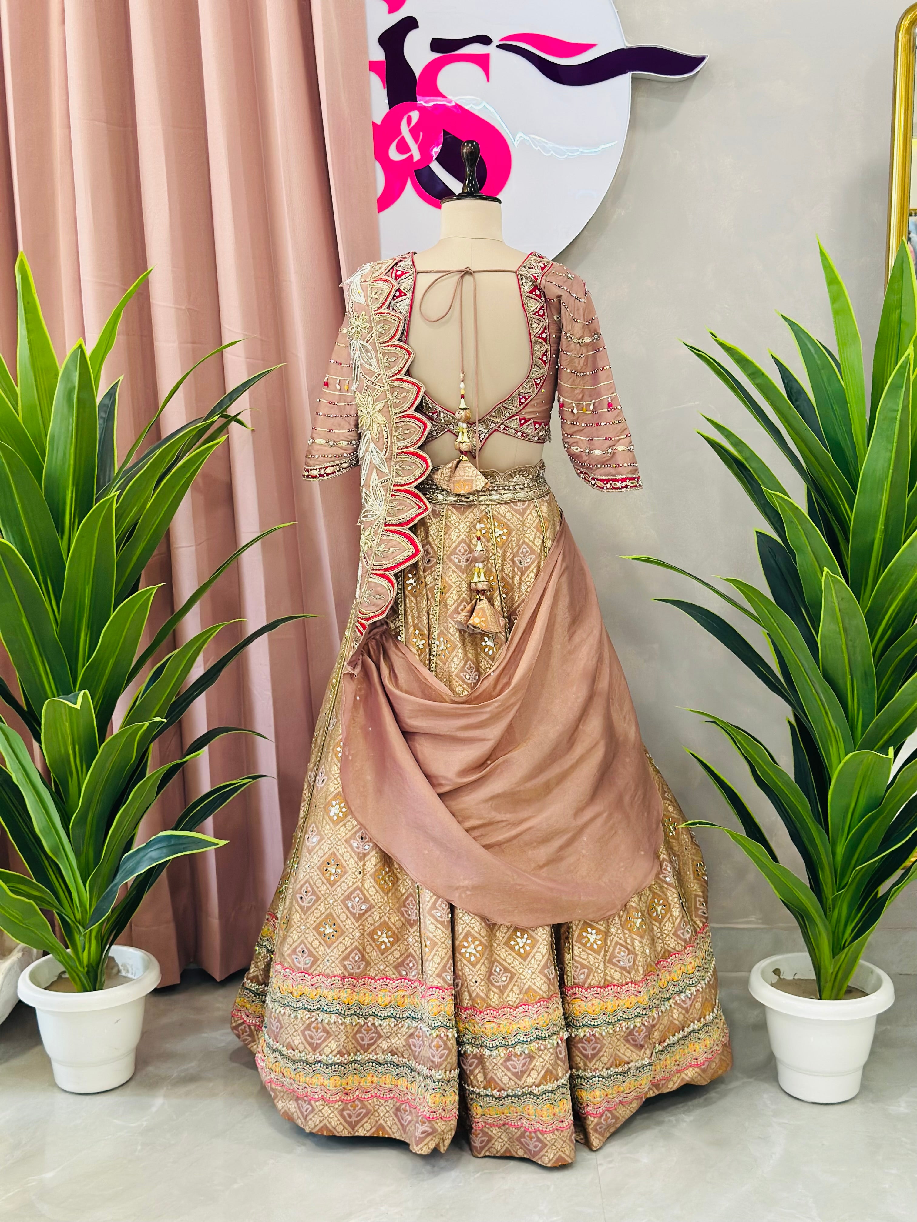 Elegant Peach Gold Designer Lehenga with Handwork Blouse
