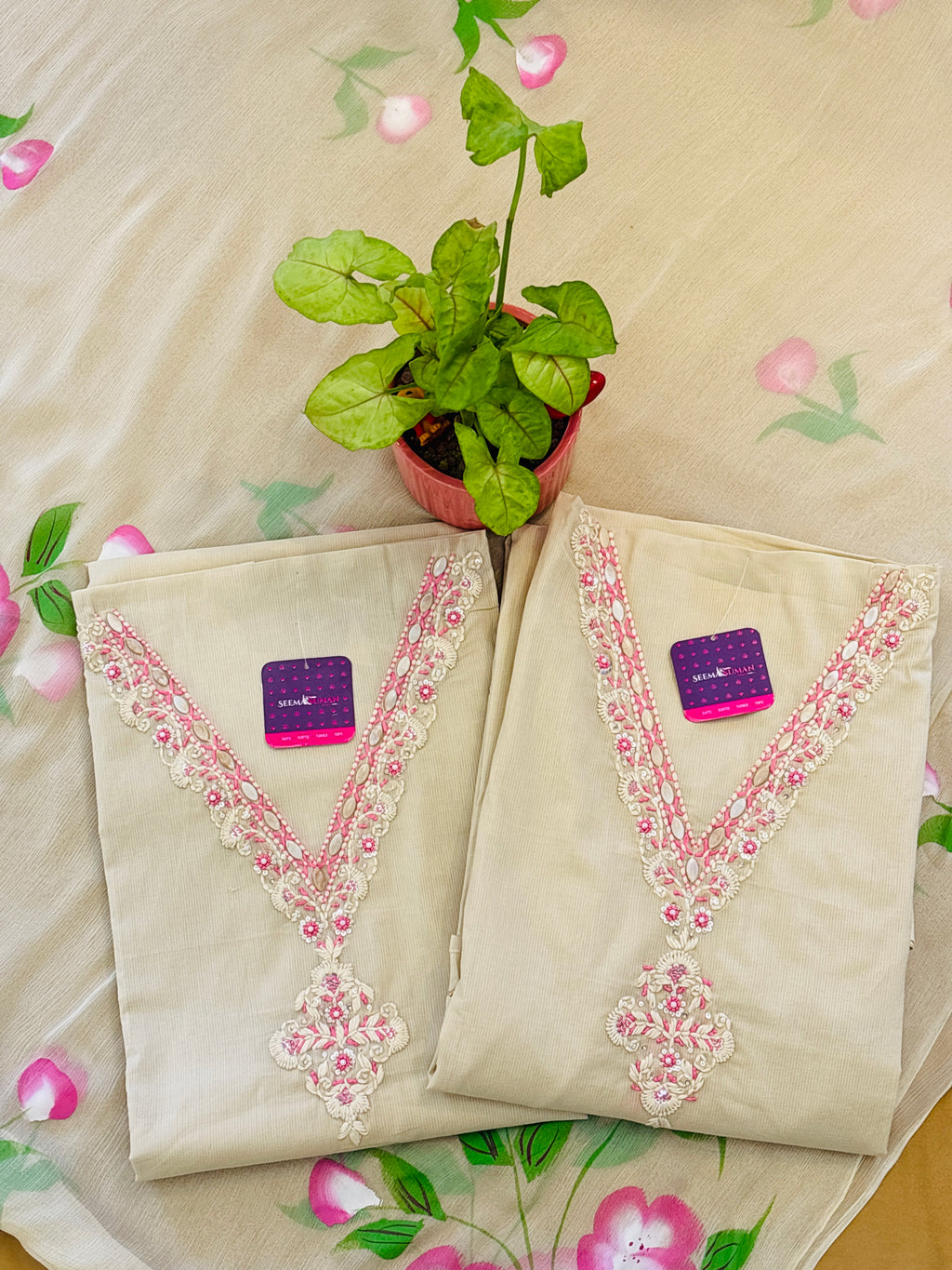 Floral Hand embroidery Unstitched Suit Set With Hand Painted Dupatta