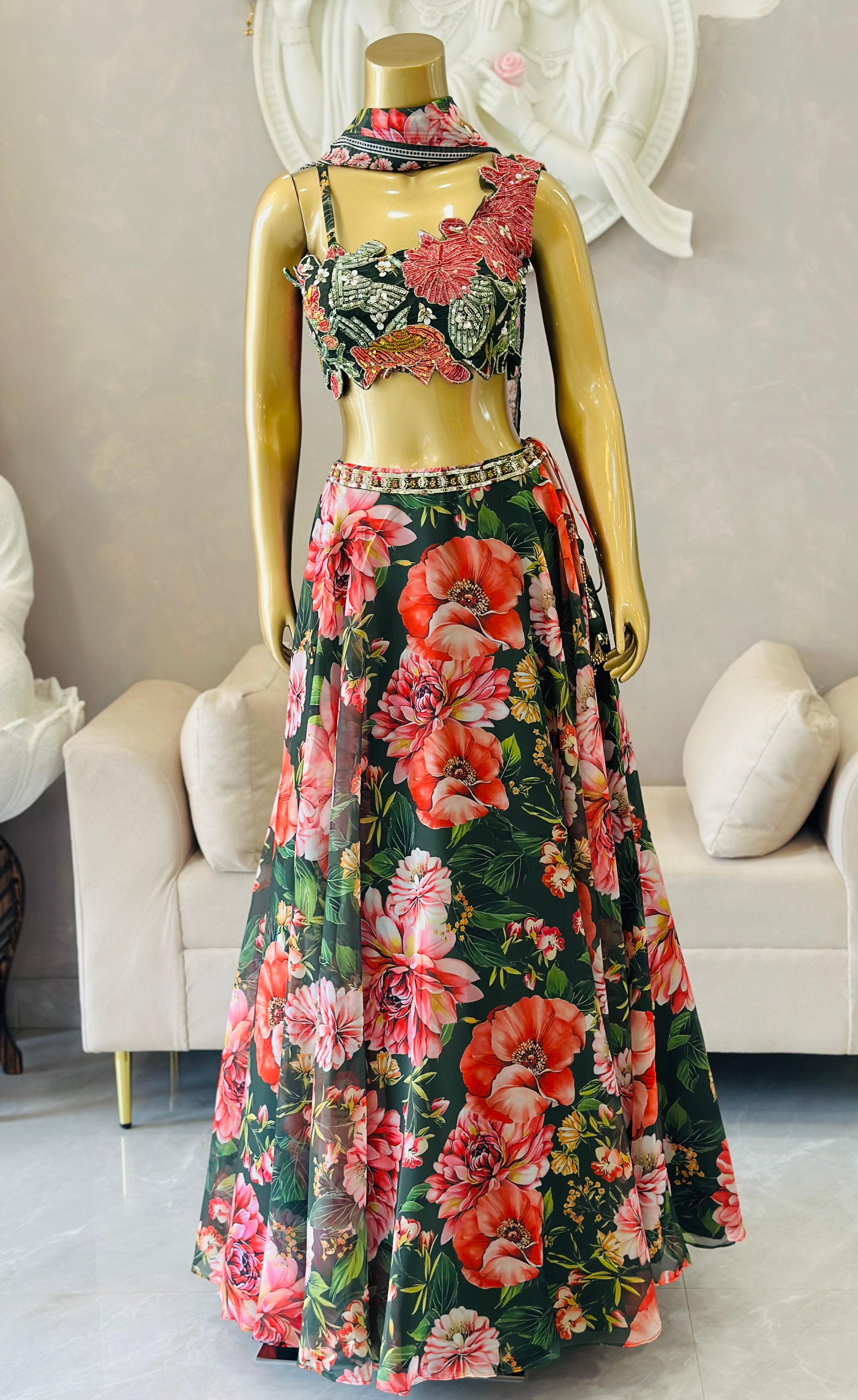 Luxury Floral Print Lehenga Set with Handcrafted Designer Blouse