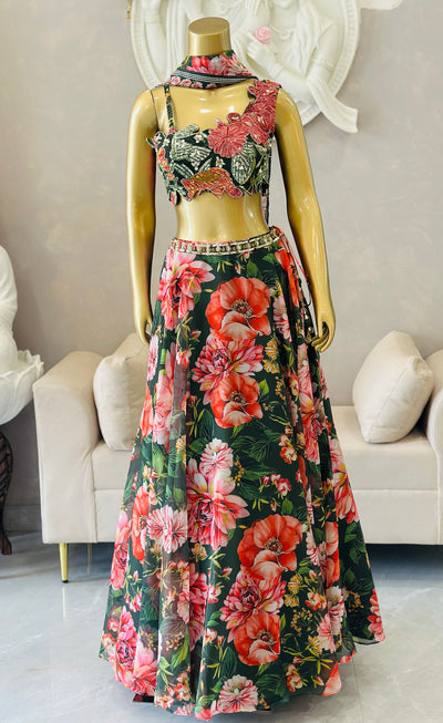Luxury Floral Print Lehenga Set with Handcrafted Designer Blouse