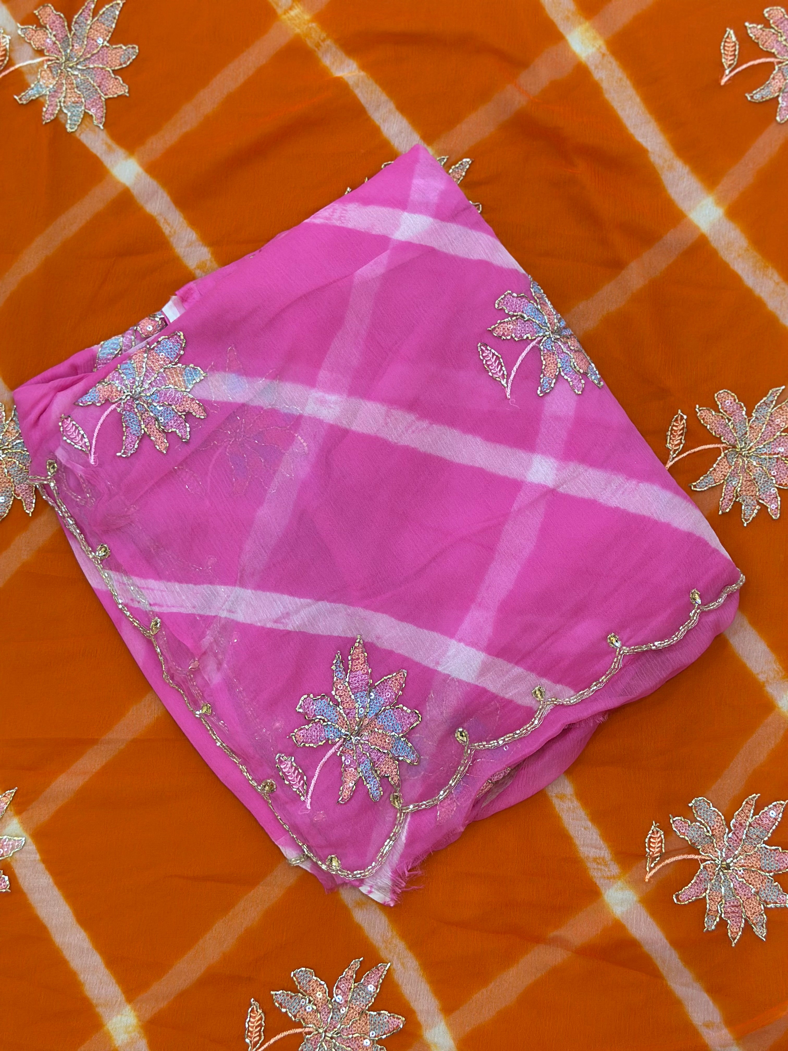 Traditional Leheriya Saree with Floral Handwork Detailing