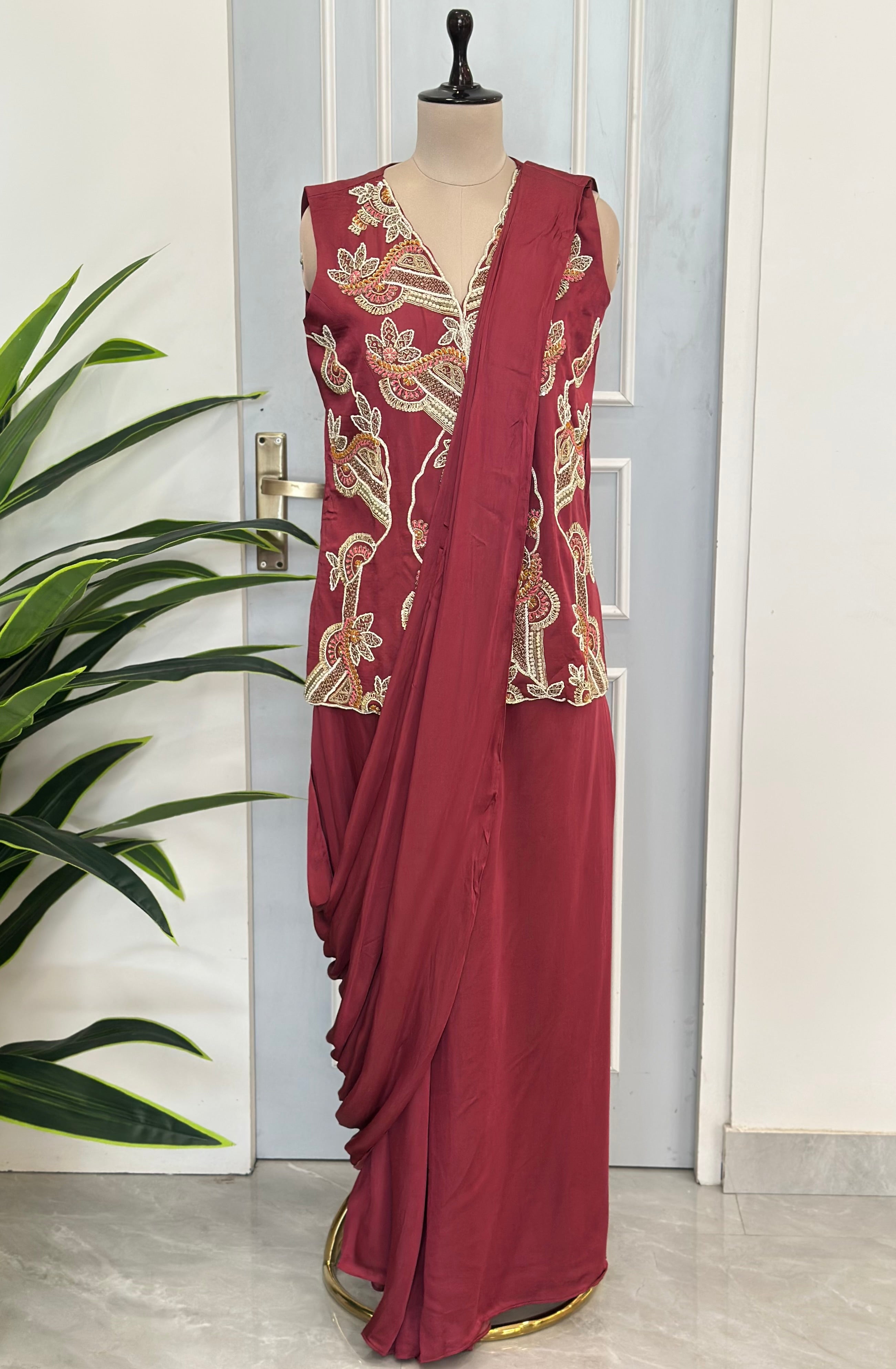 Mehroon Handwork Drape Saree Set