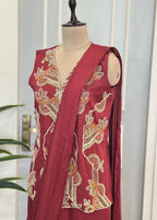 Mehroon Handwork Drape Saree Set