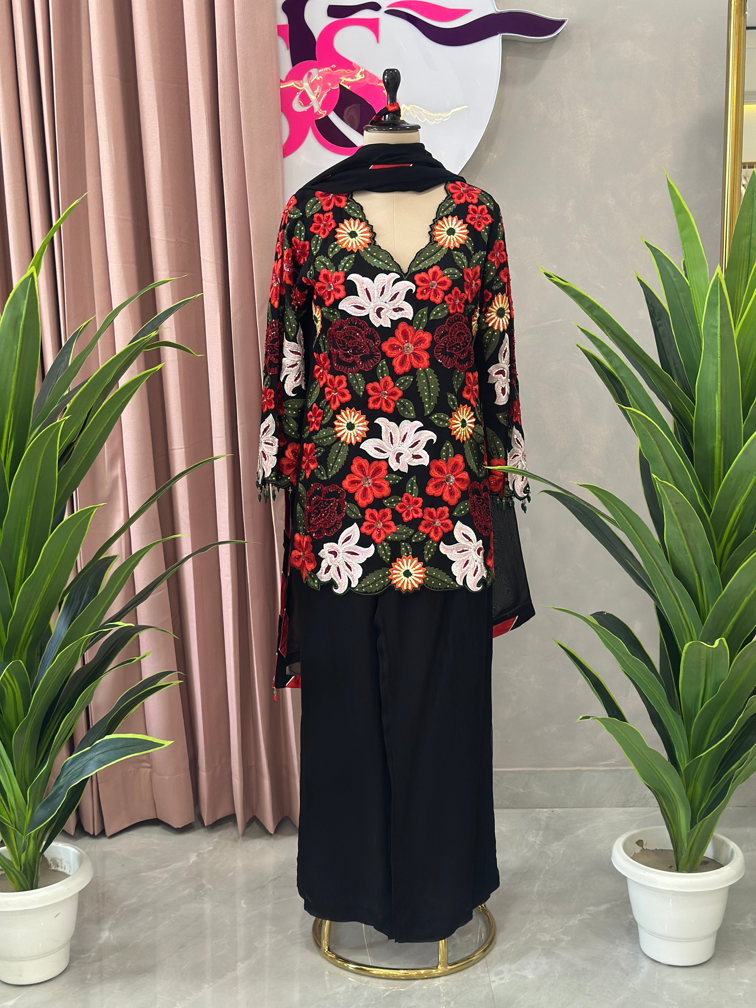 Premium Floral Handwork Kurta Set with Elegant Organza Dupatta