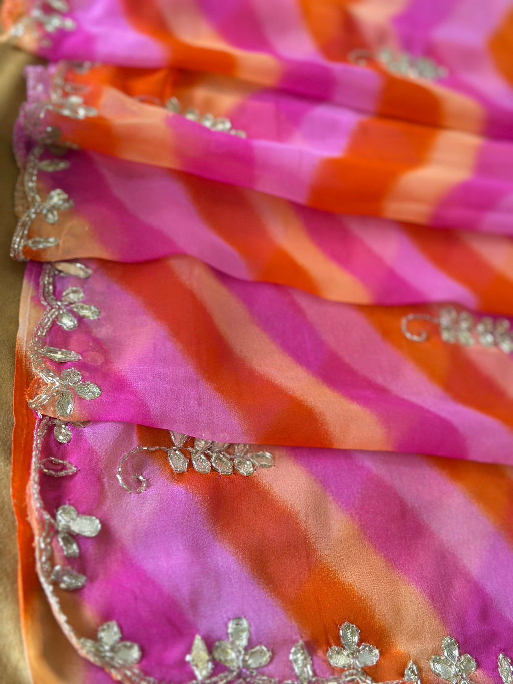 Sunset Pink Leheriya Saree with Handwork