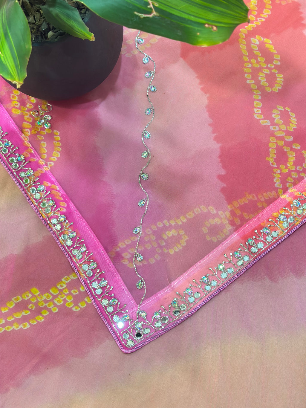 Rangriti Bandhani Georgette Saree with Stone Work Border