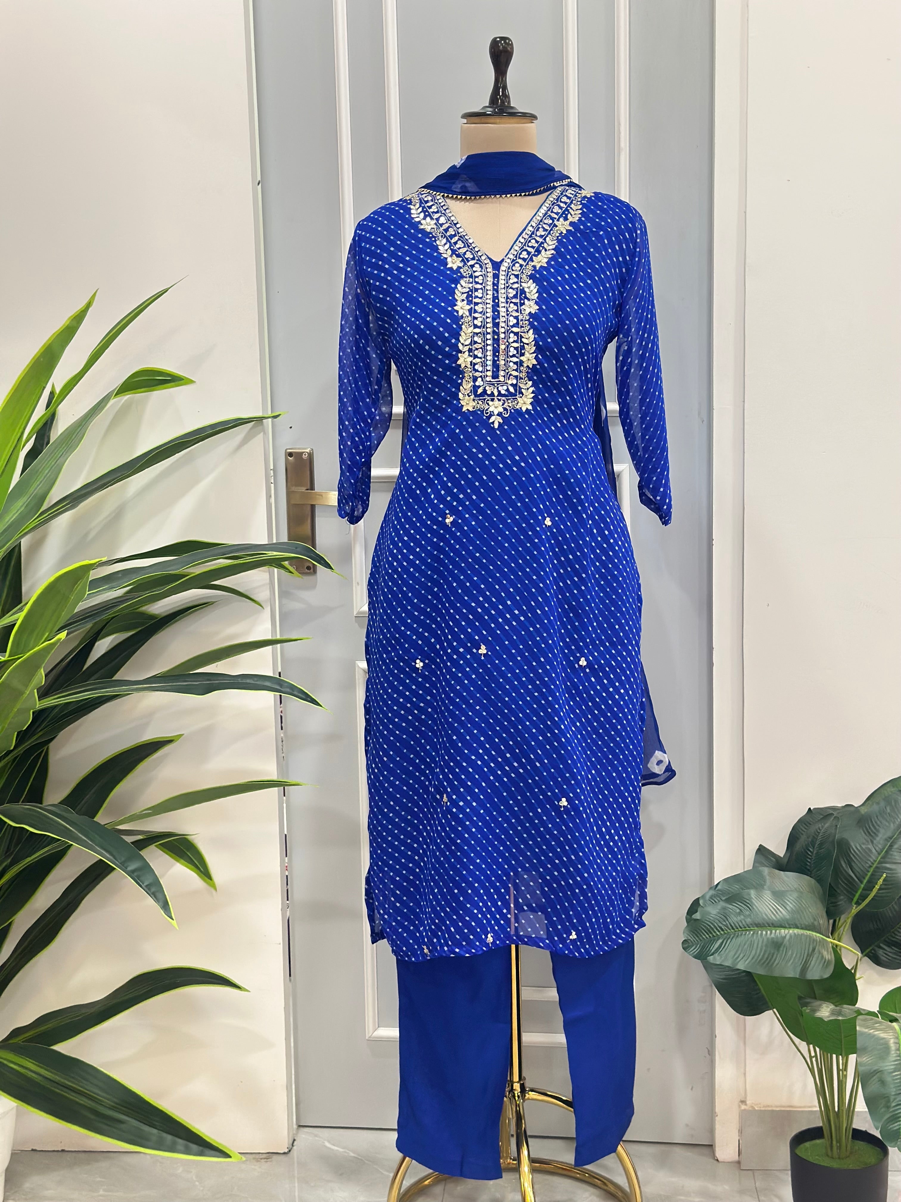 🌸Elegant Leheriya Handwork Kurta Pant Dupatta Set🌸