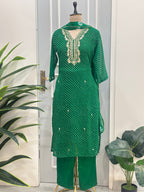 🌸Elegant Leheriya Handwork Kurta Pant Dupatta Set🌸