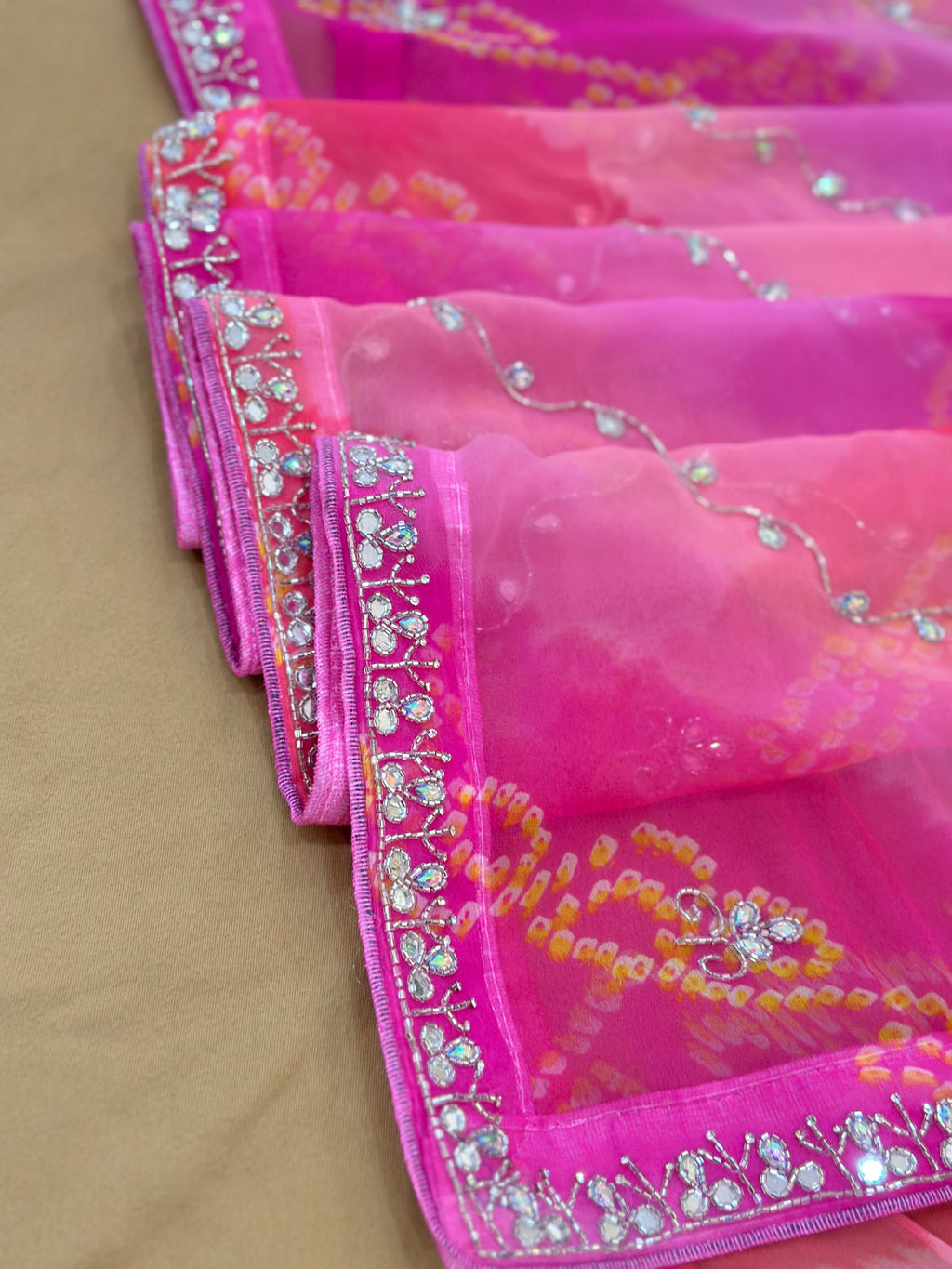 Rangriti Bandhani Georgette Saree with Stone Work Border
