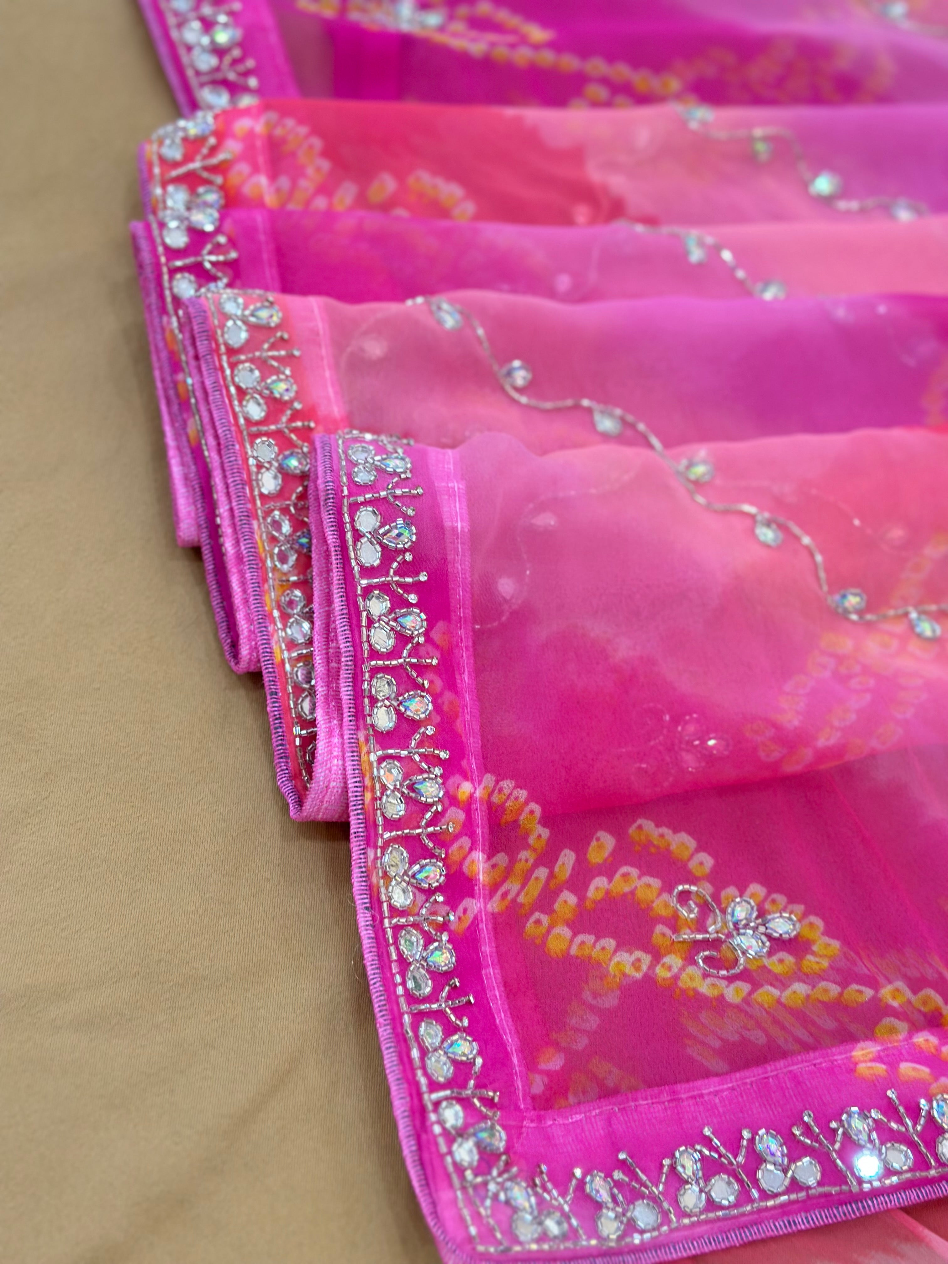 Rangriti Bandhani Georgette Saree with Stone Work Border
