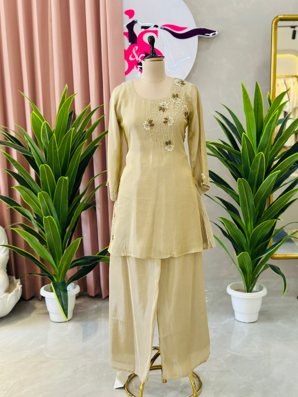Elegant Floral Handwork Kurta Palazzo Co-ord Set