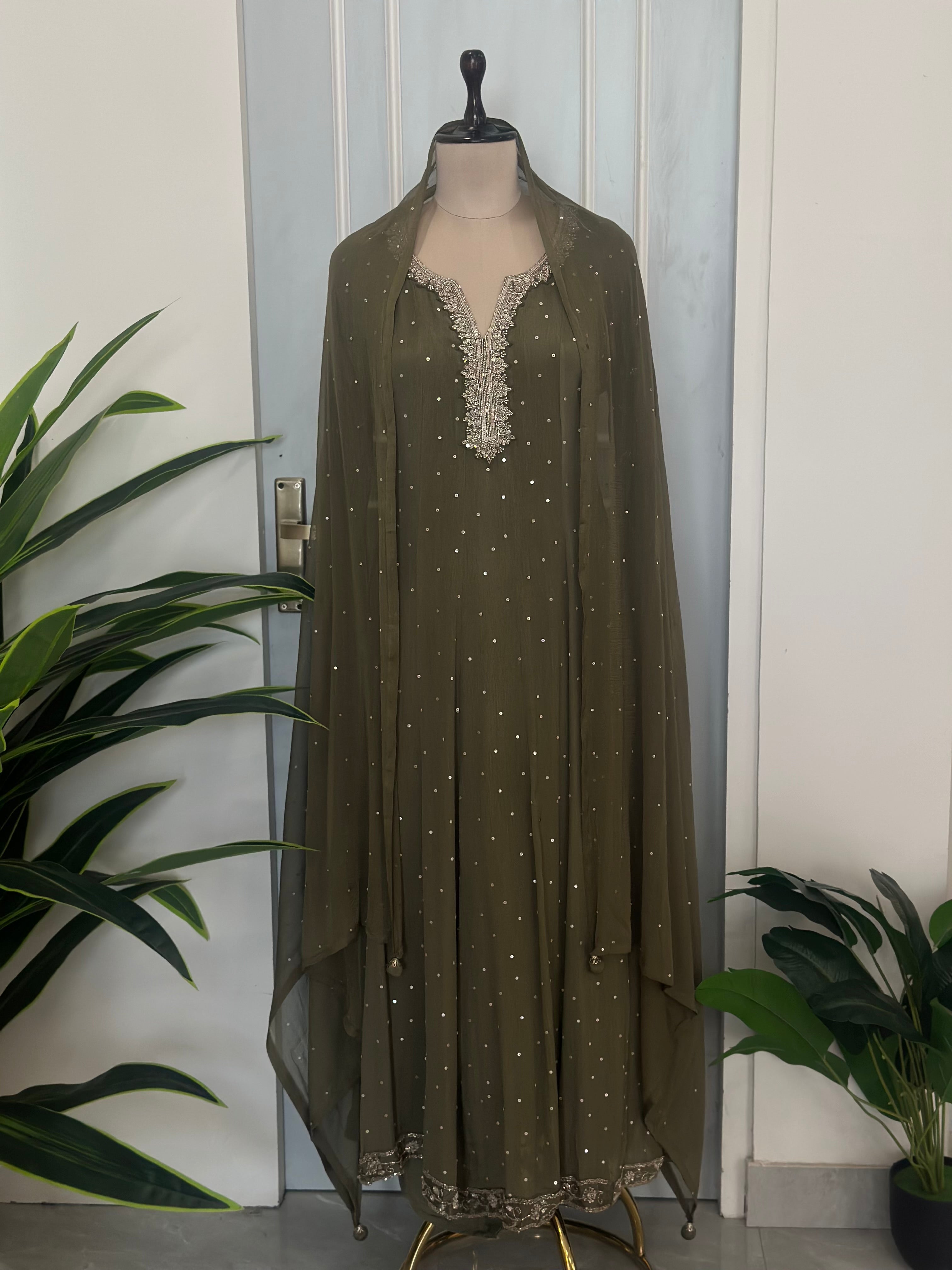 ✨Olive Handworked Anarkali Suit Set with Dupatta✨