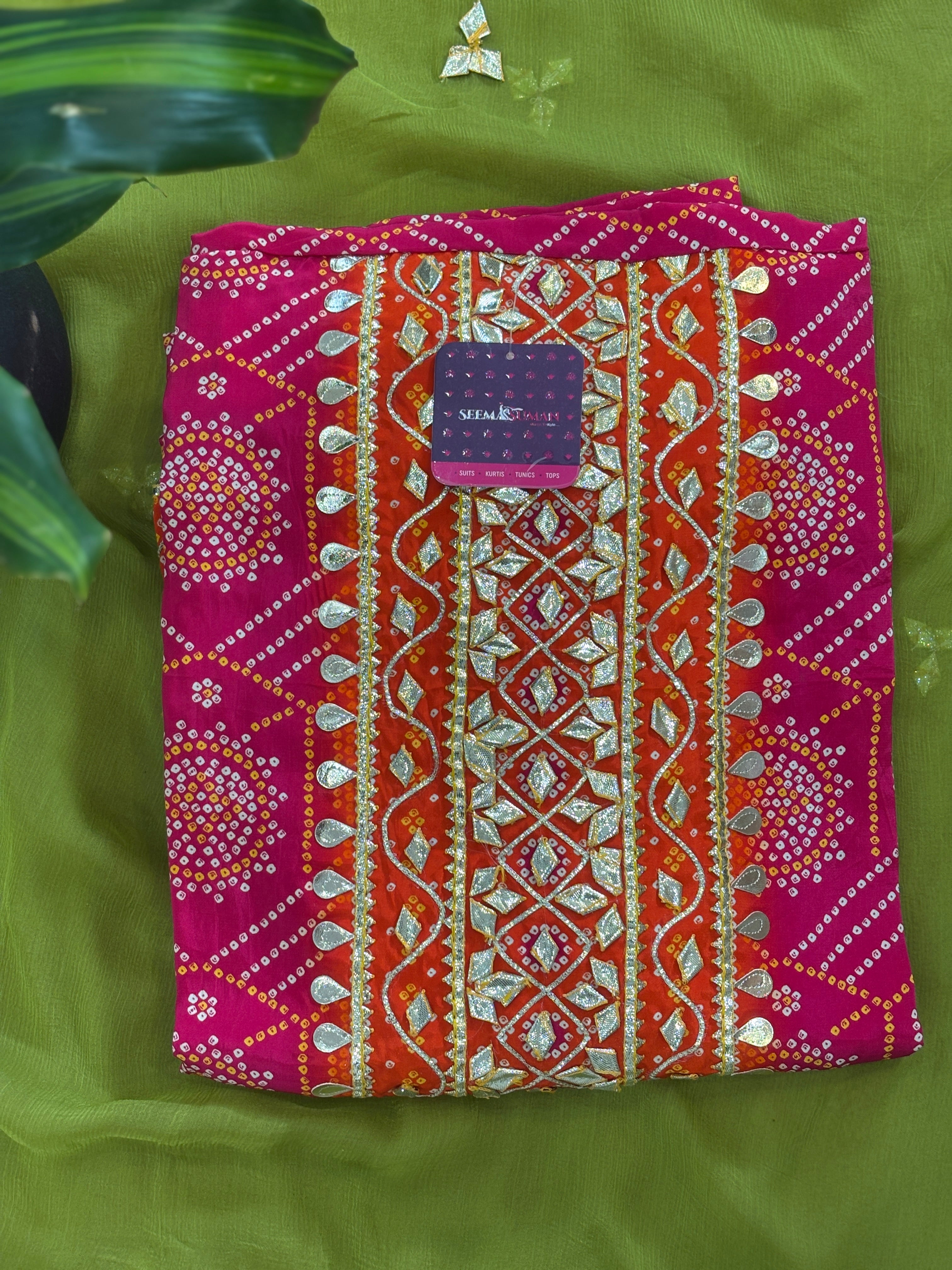 Festive Bandhani Gota Work Unstitched Suit Set