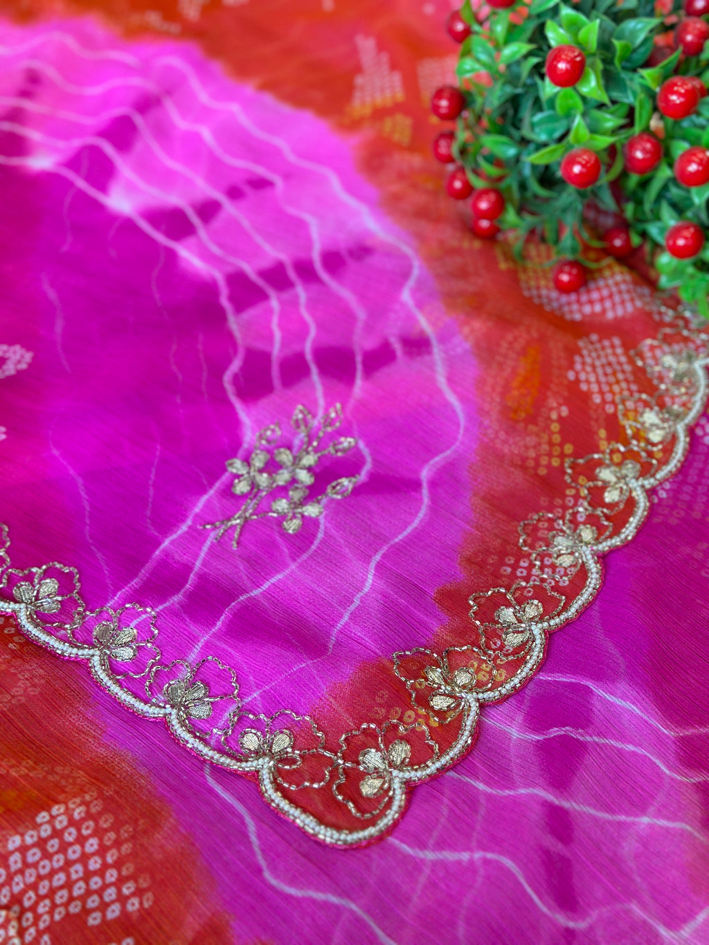 💐 Chiffon Bhandej Handwork Saree💐