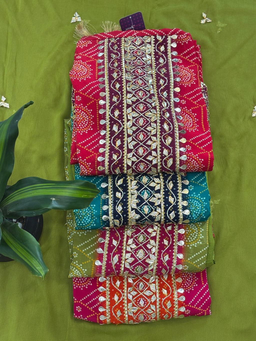 Festive Bandhani Gota Work Unstitched Suit Set