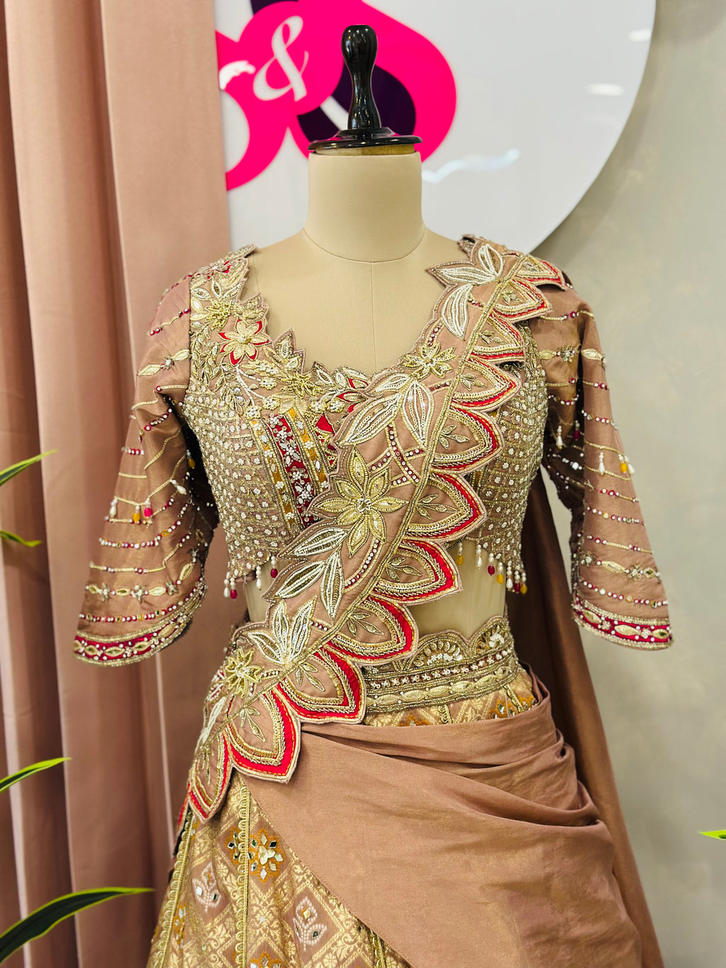 Elegant Peach Gold Designer Lehenga with Handwork Blouse