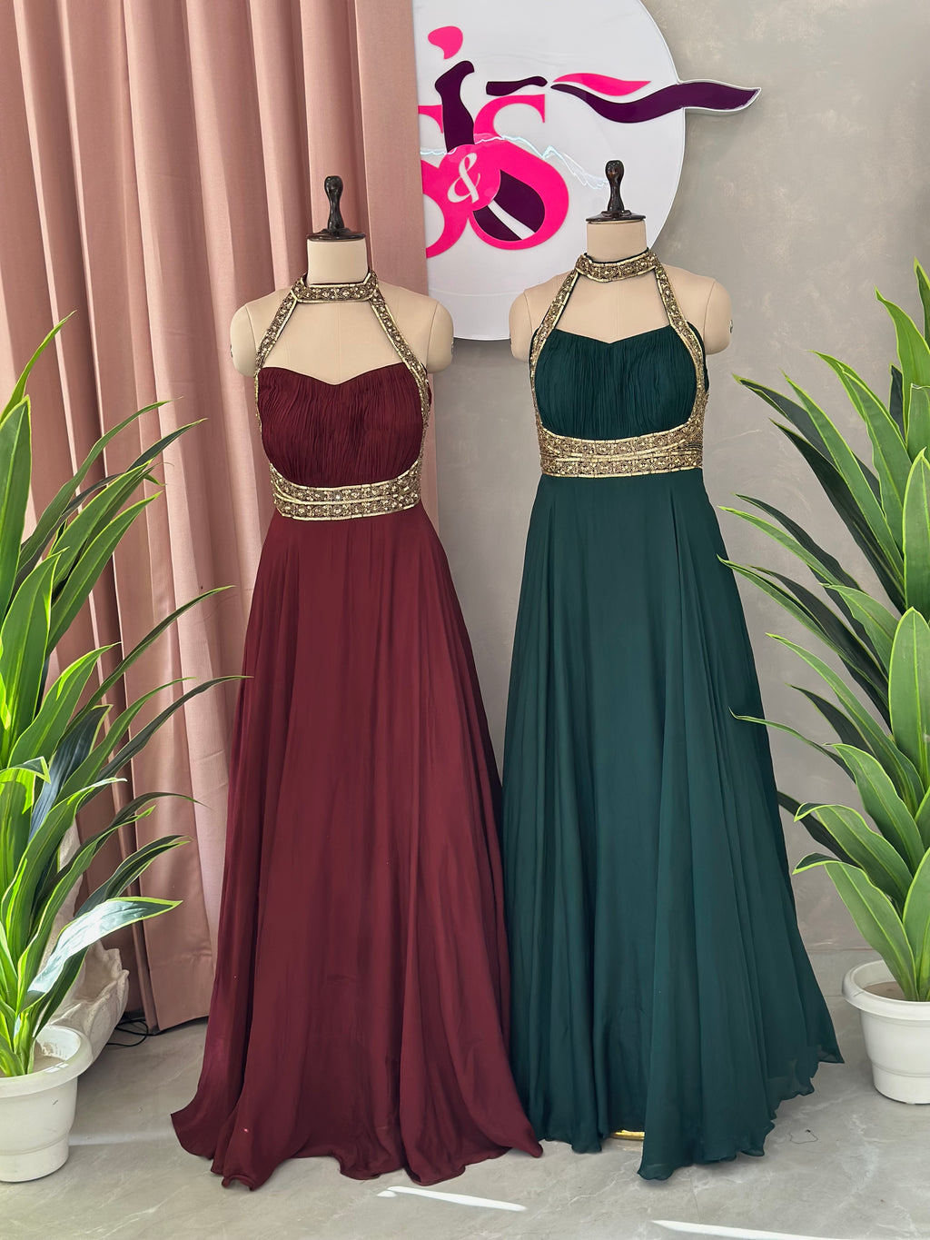 Premium Flowy Halter Neck Gown With Embellished Waist Detail
