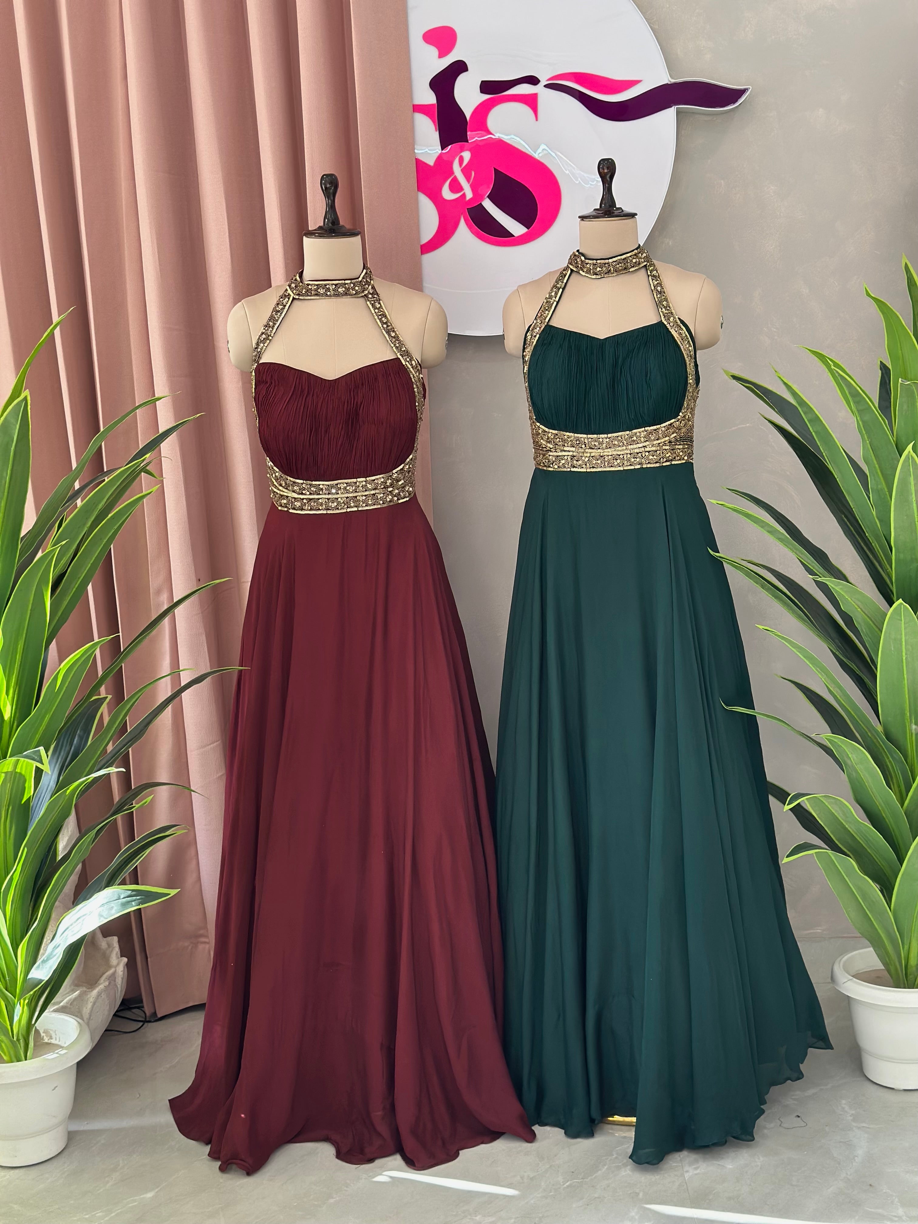Premium Flowy Halter Neck Gown With Embellished Waist Detail