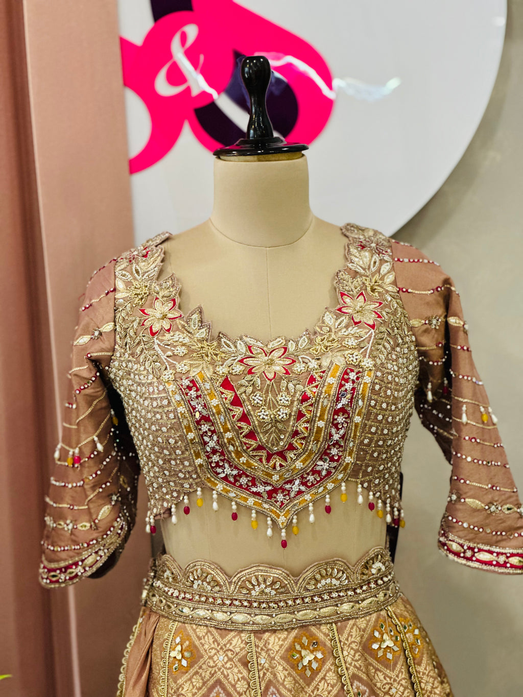 Elegant Peach Gold Designer Lehenga with Handwork Blouse