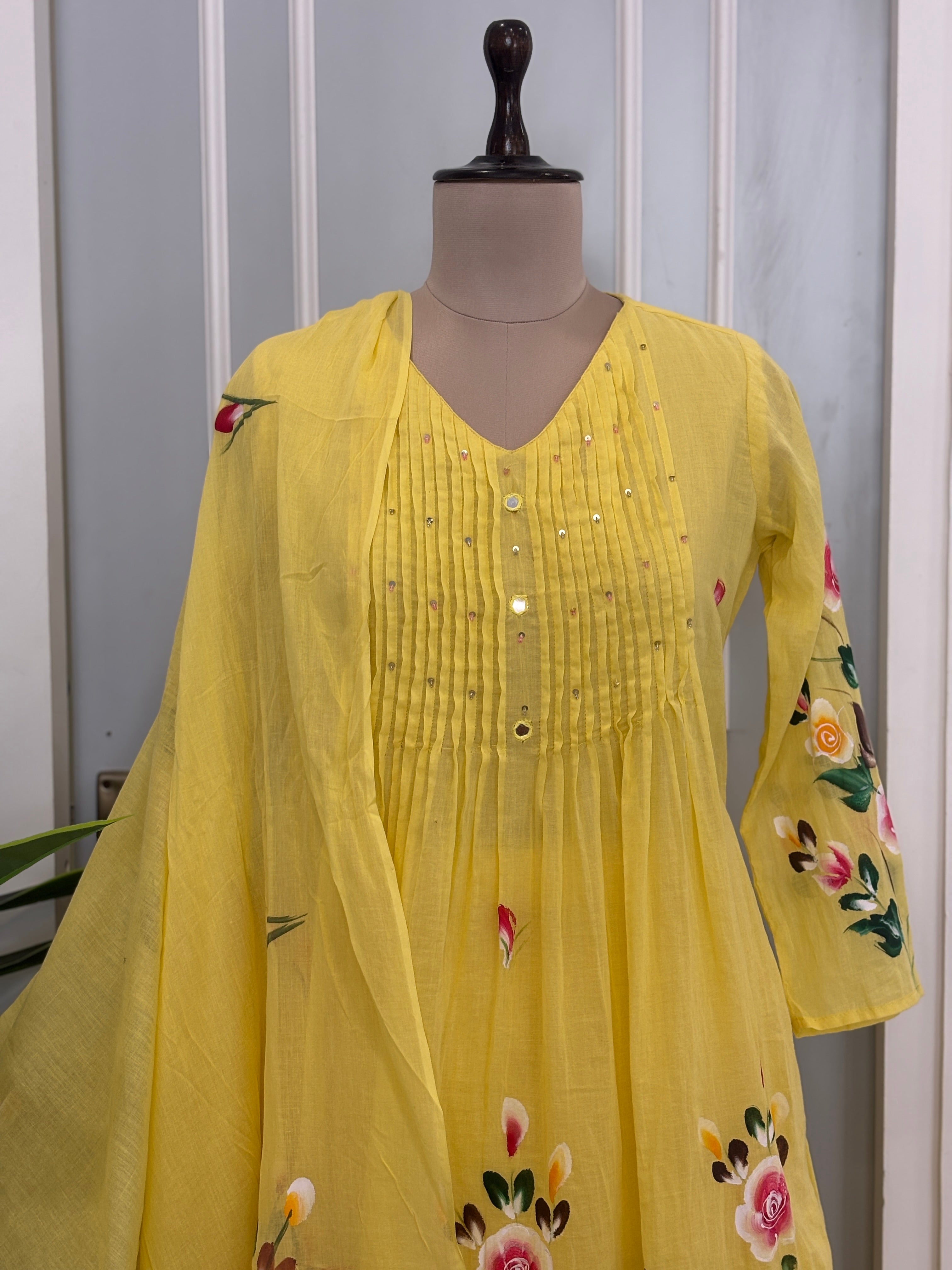 Pure mal cotton & hand-painted florals suit