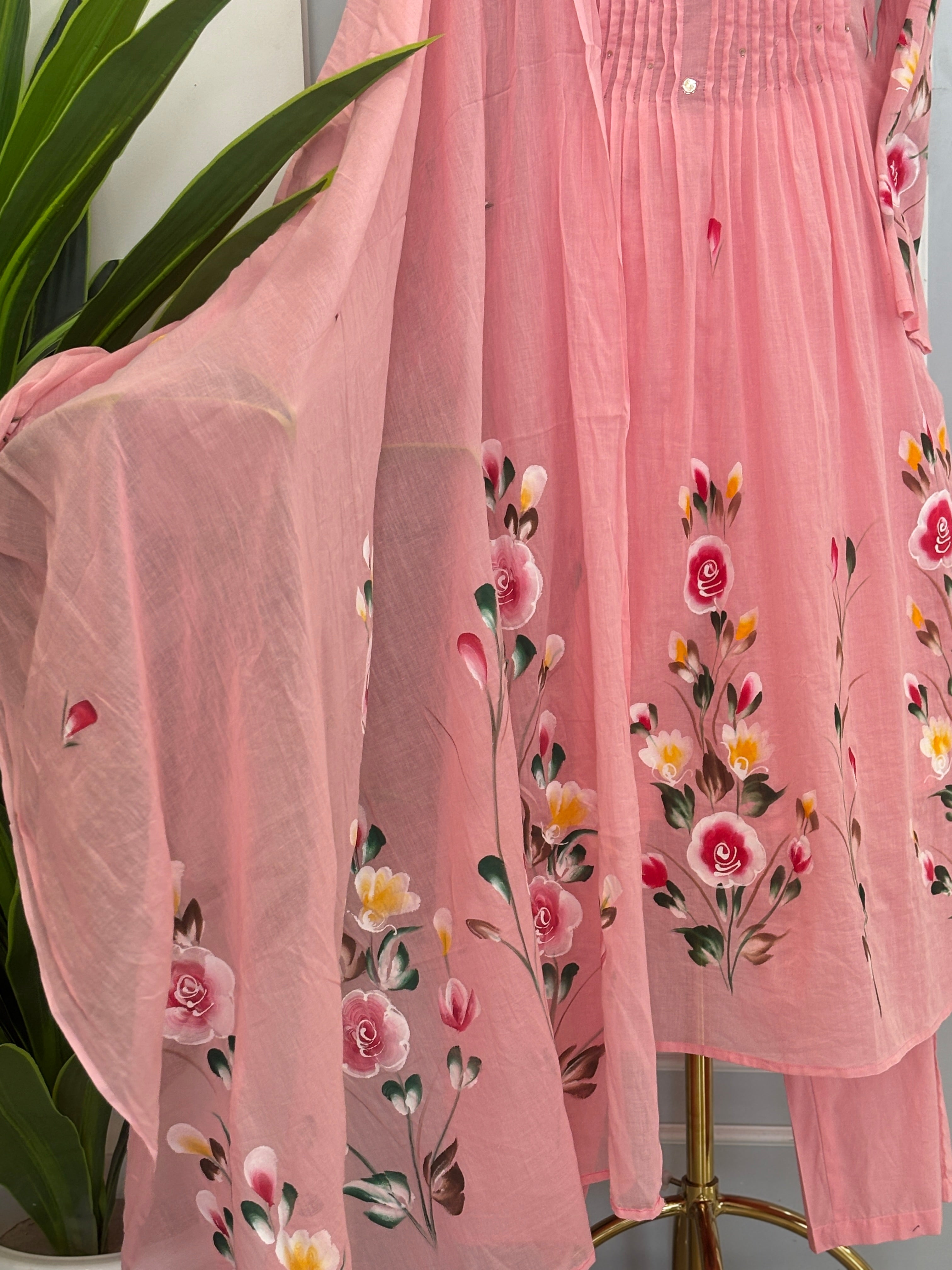 Pure mal cotton & hand-painted florals suit