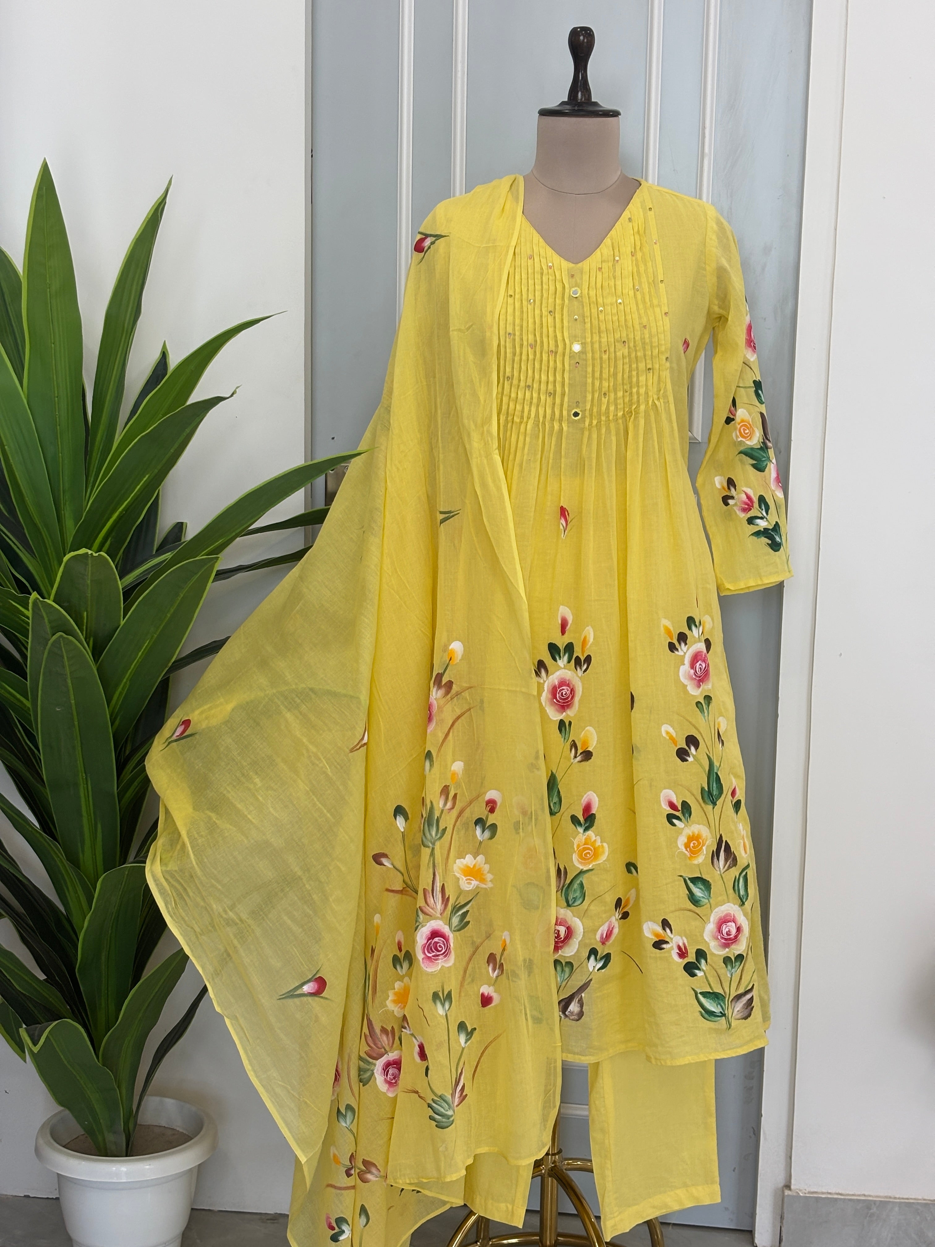 Pure mal cotton & hand-painted florals suit