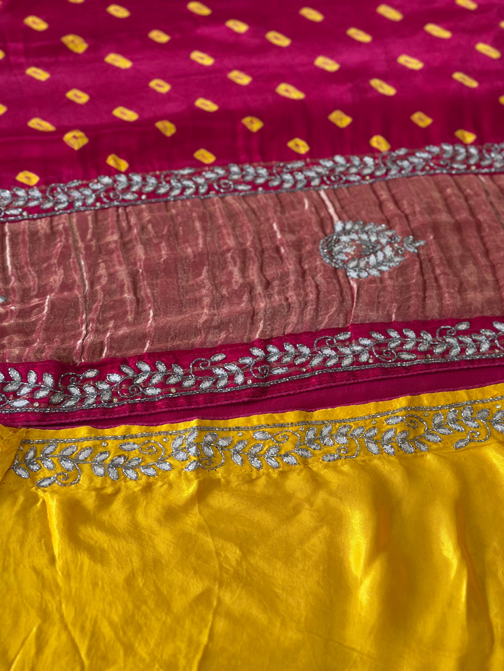 🌸 Shahi Bandhej Saree with Handcrafted Gota Patti Detailing🌸
