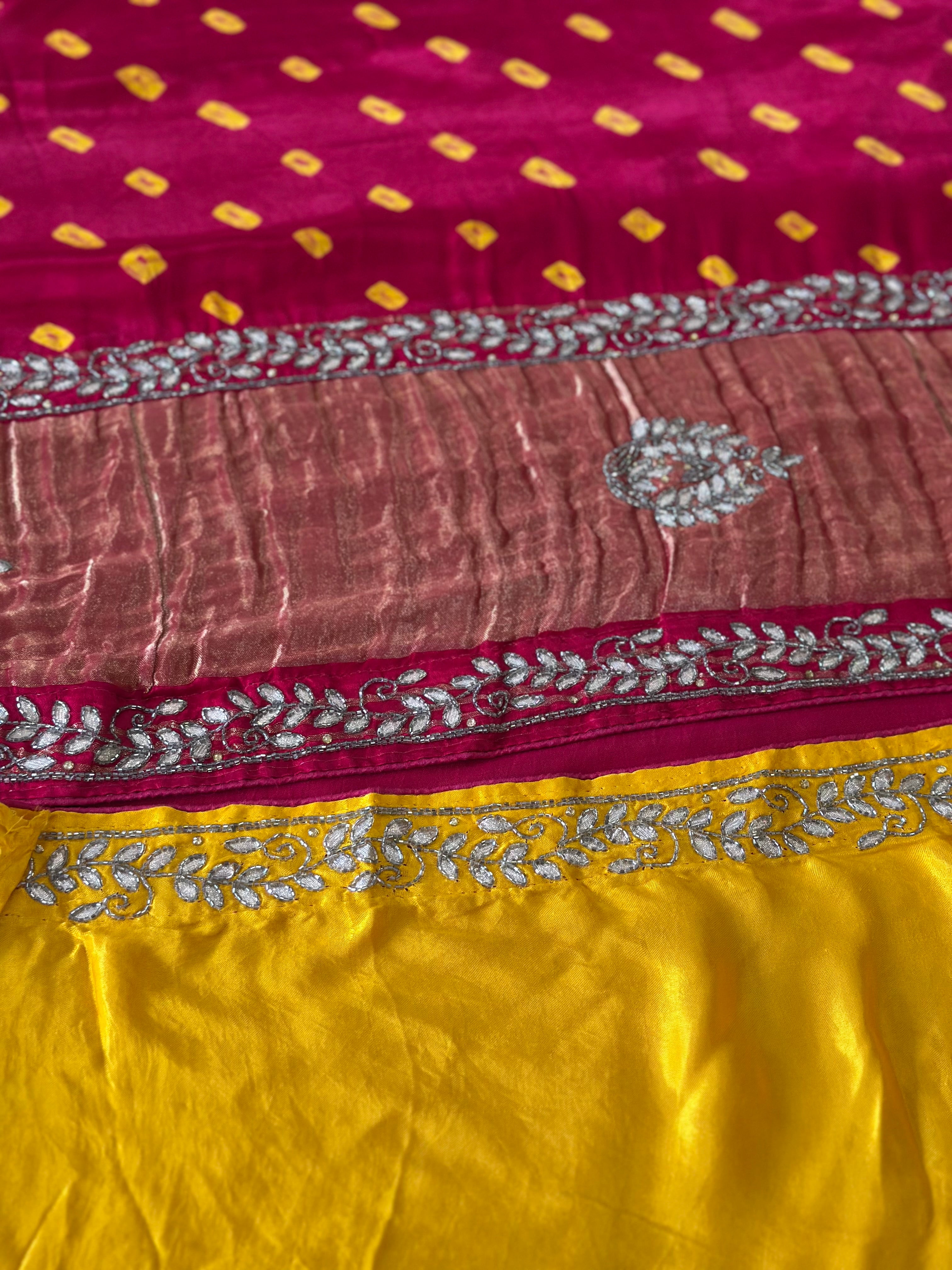 🌸 Shahi Bandhej Saree with Handcrafted Gota Patti Detailing🌸