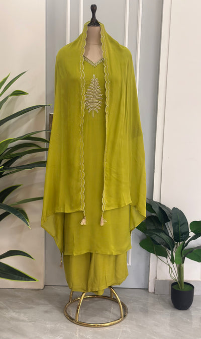 Olive Green Handwork Kurta Palazzo Set with Dupatta ✨