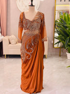 Rust Embellished Designer Drape Saree