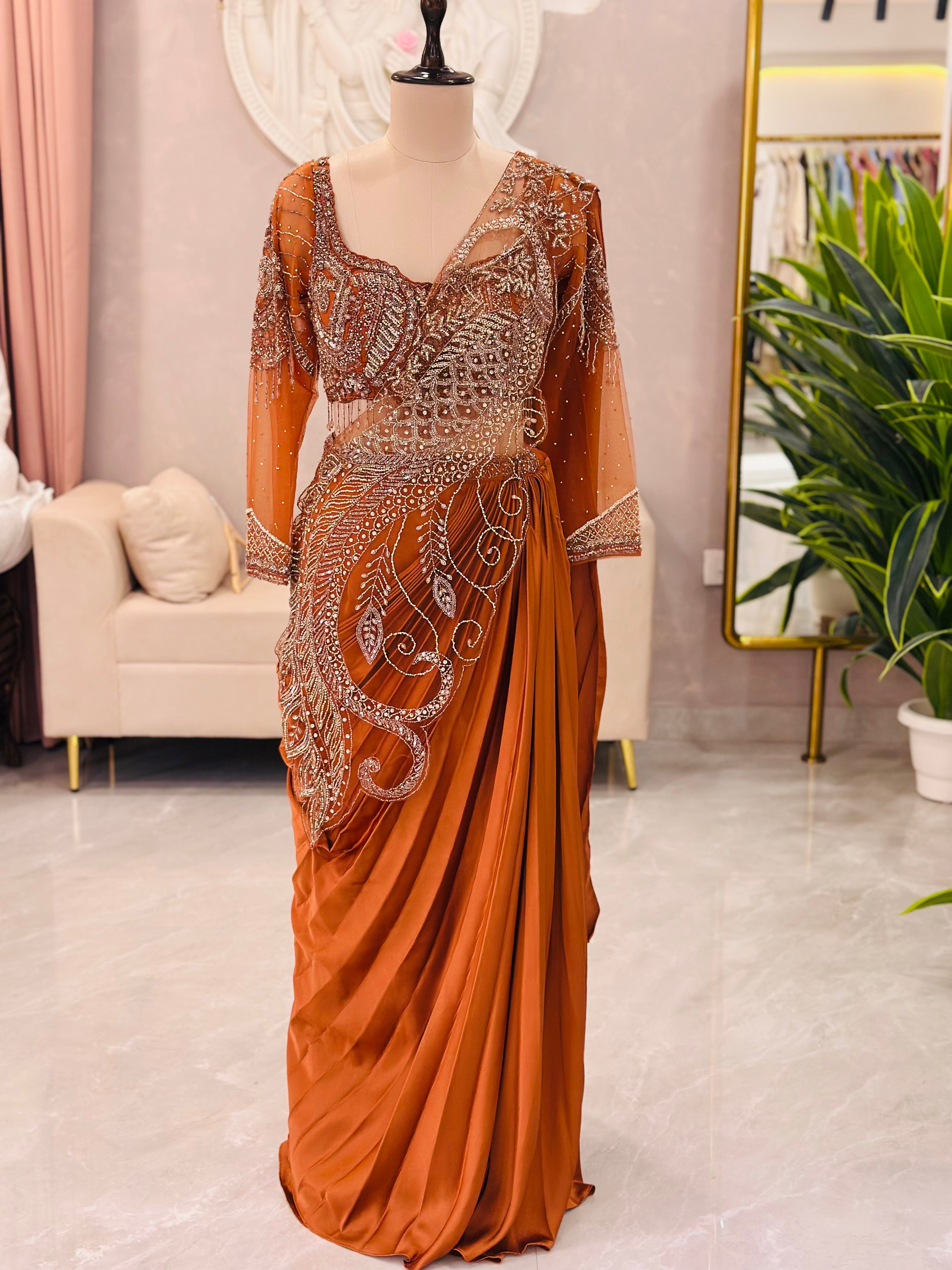 Rust Embellished Designer Drape Saree