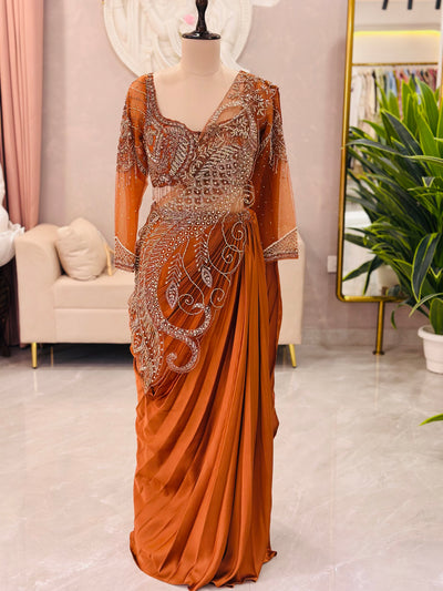 Rust Embellished Designer Drape Saree