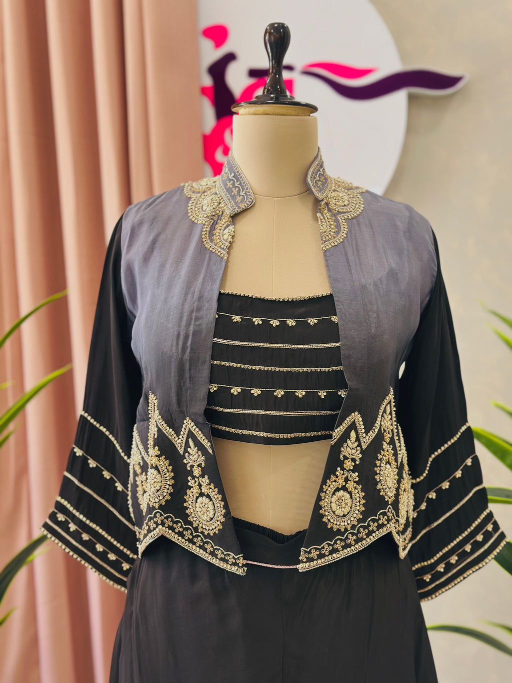 Black Handworked Three-Piece Indo-Western Set