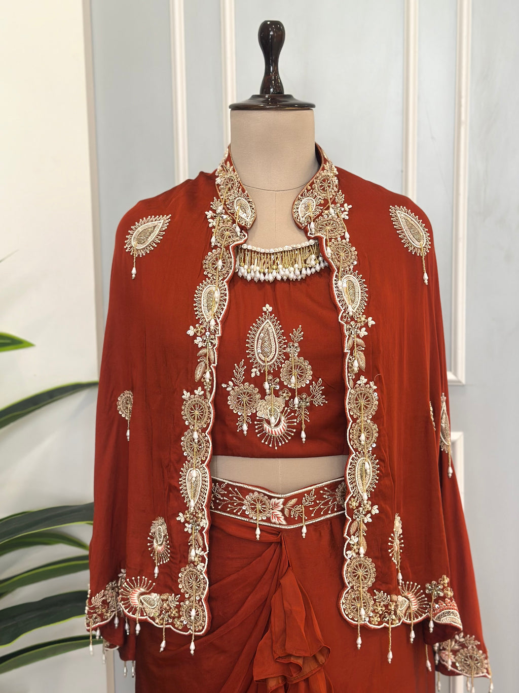 Rust Royale Handwork Cape & Drape Skirt Set