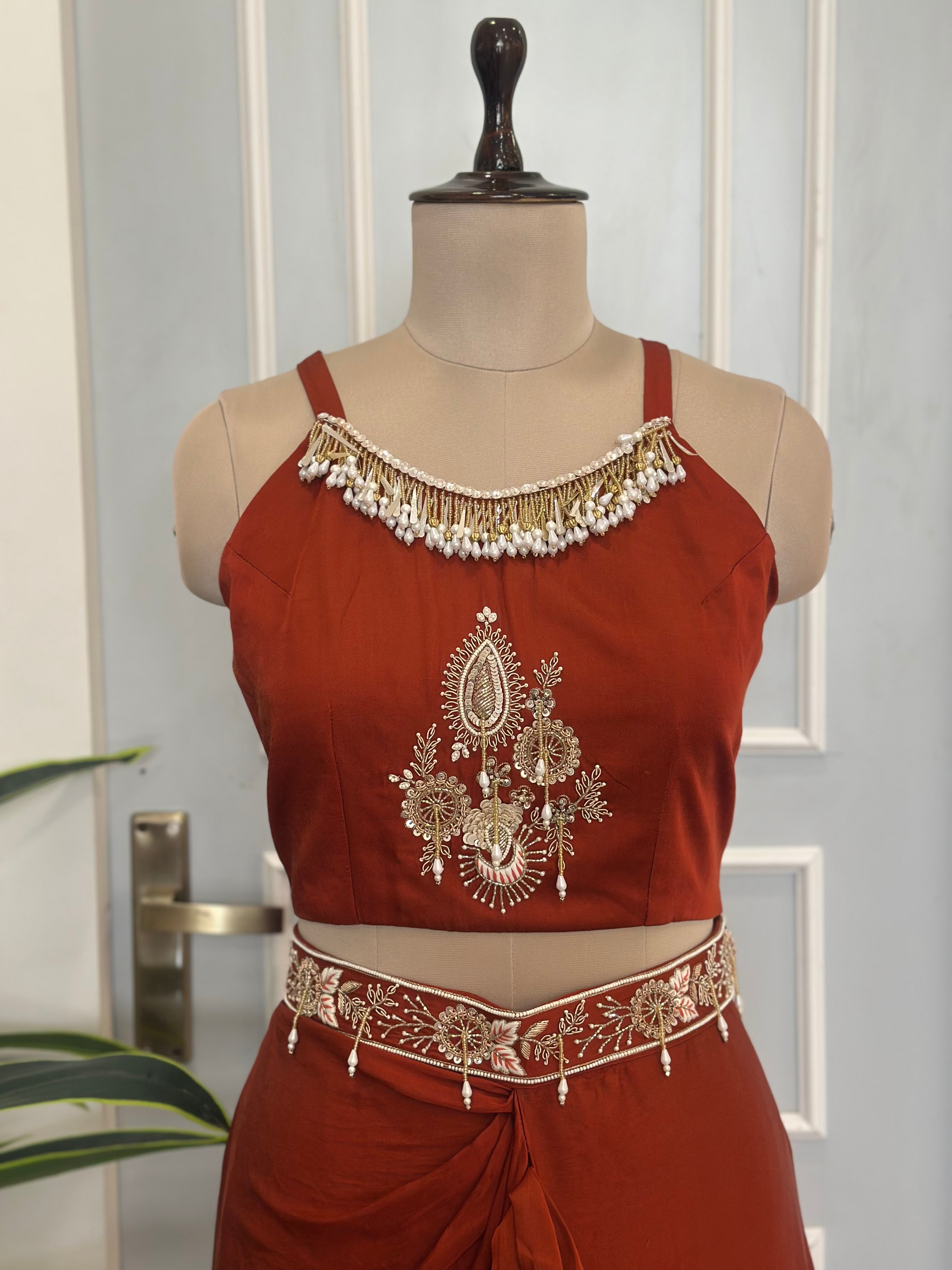 Rust Royale Handwork Cape & Drape Skirt Set