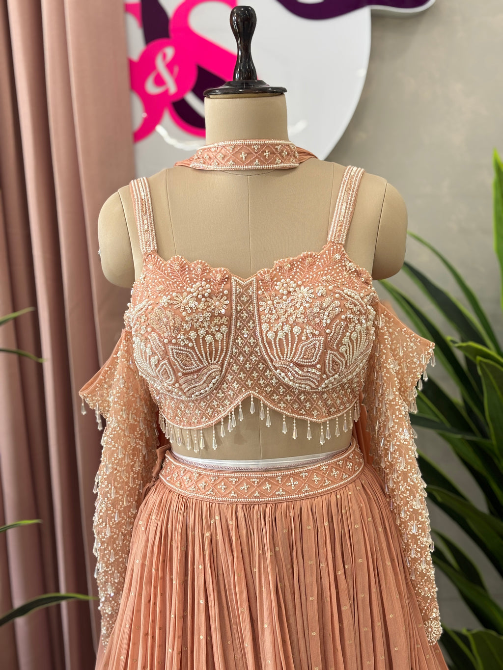 Elegant Off-Shoulder Handwork Lehenga Set