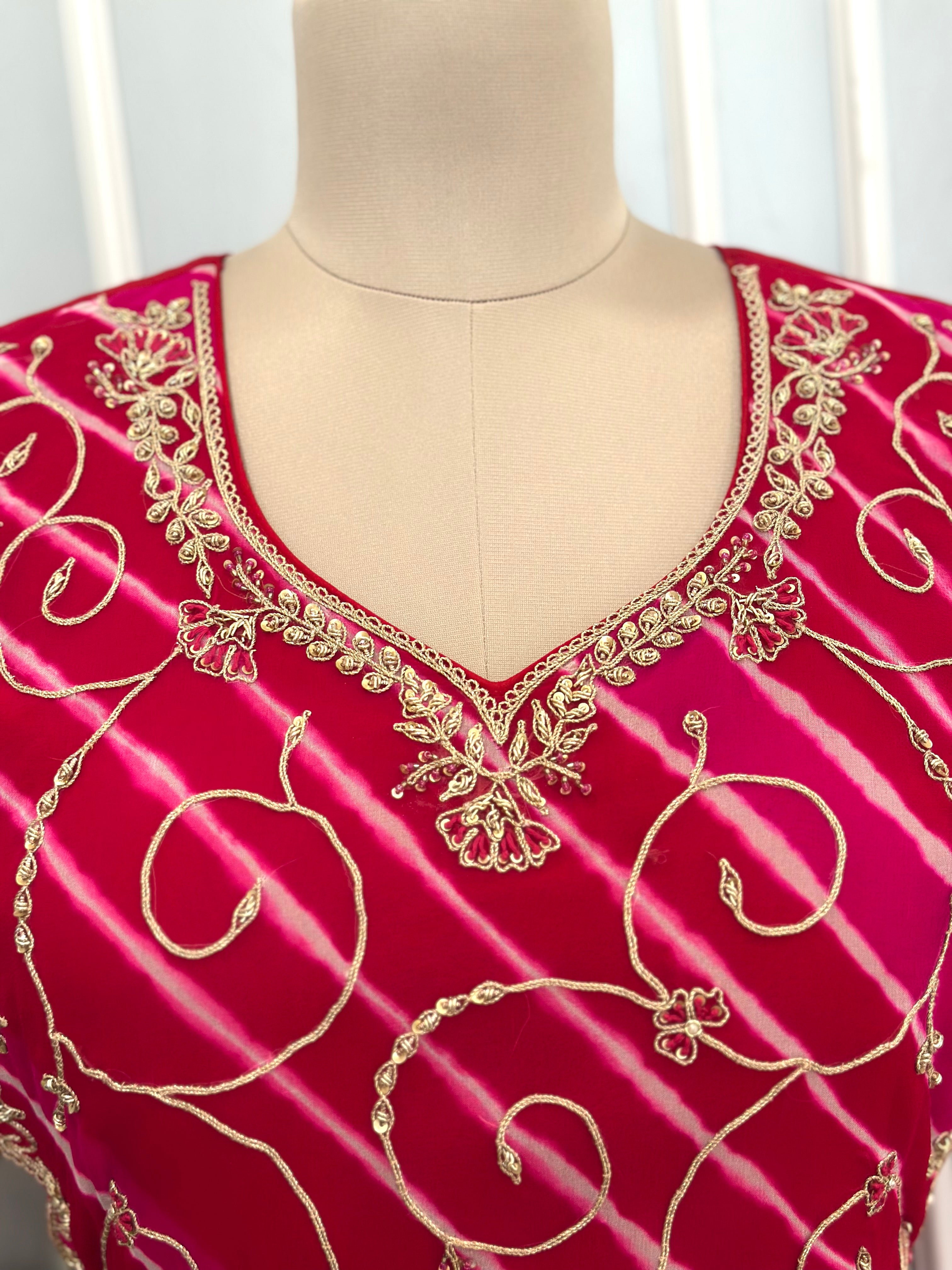 Traditional Rani Pink Handwork Gown with Dupatta